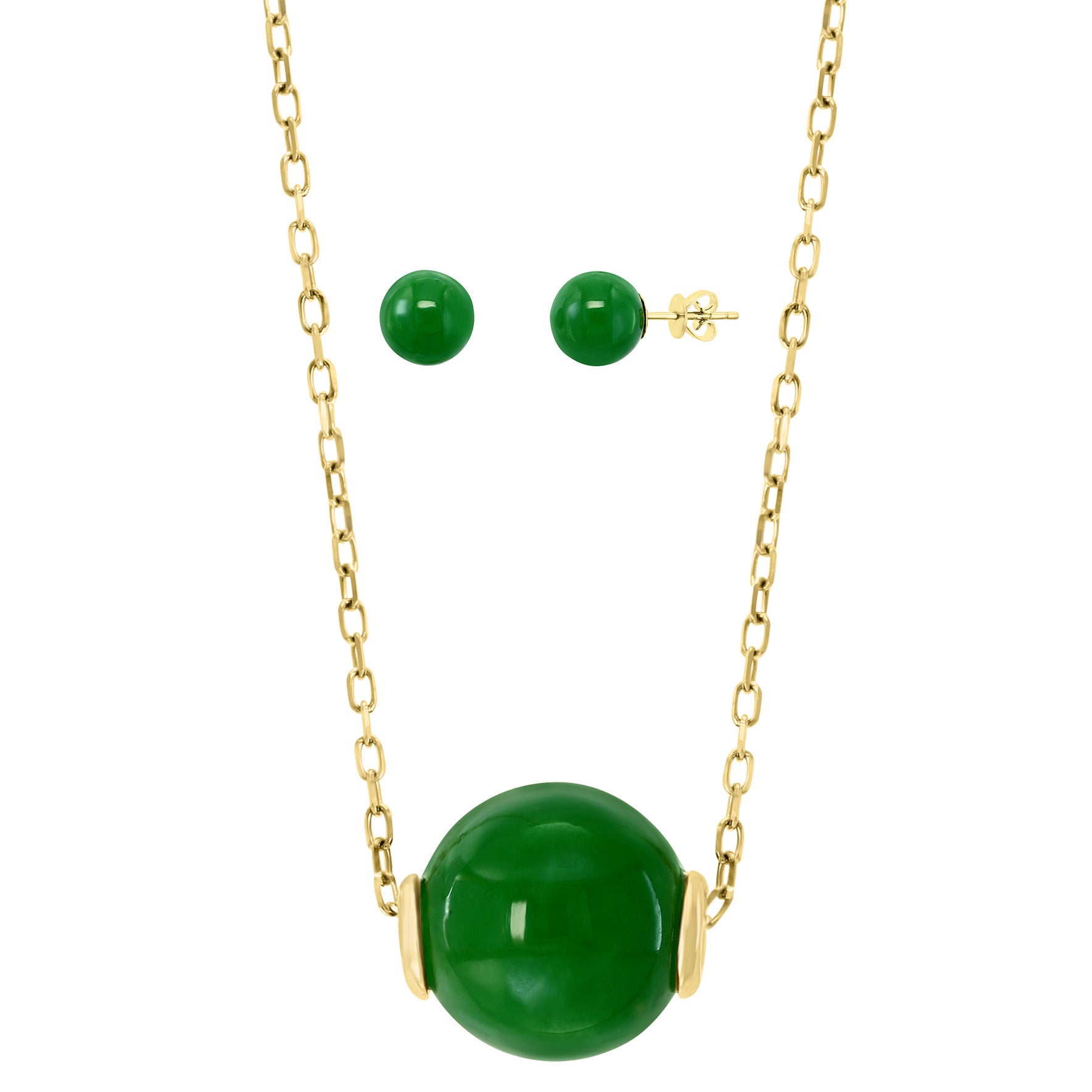 14KT YELLOW GOLD DYED GREEN JADE NECKLACE/EARRING SET - Image 1