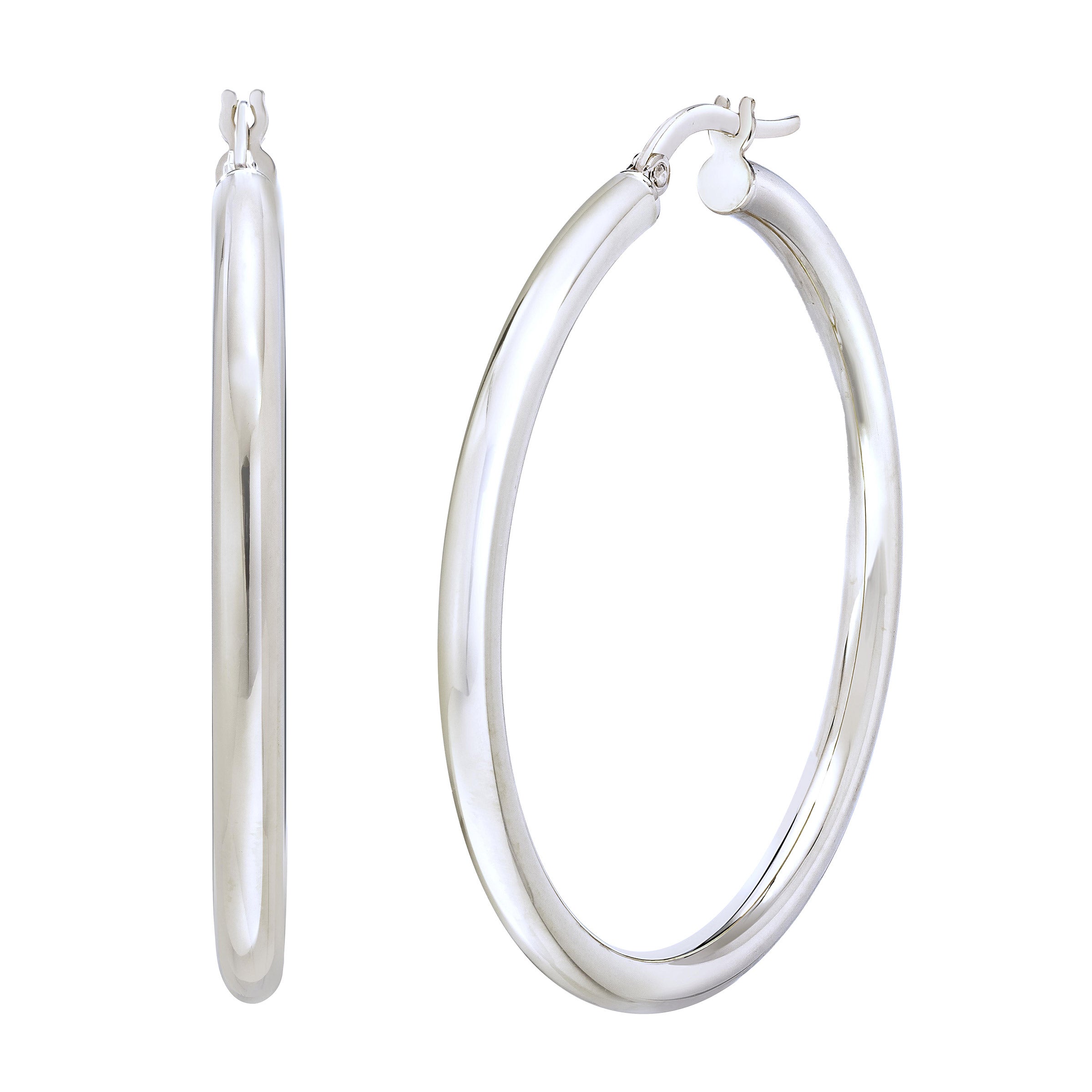 14KT WHITE GOLD 3X40MM HOOP EARRINGS MADE IN ITALY - Image 1