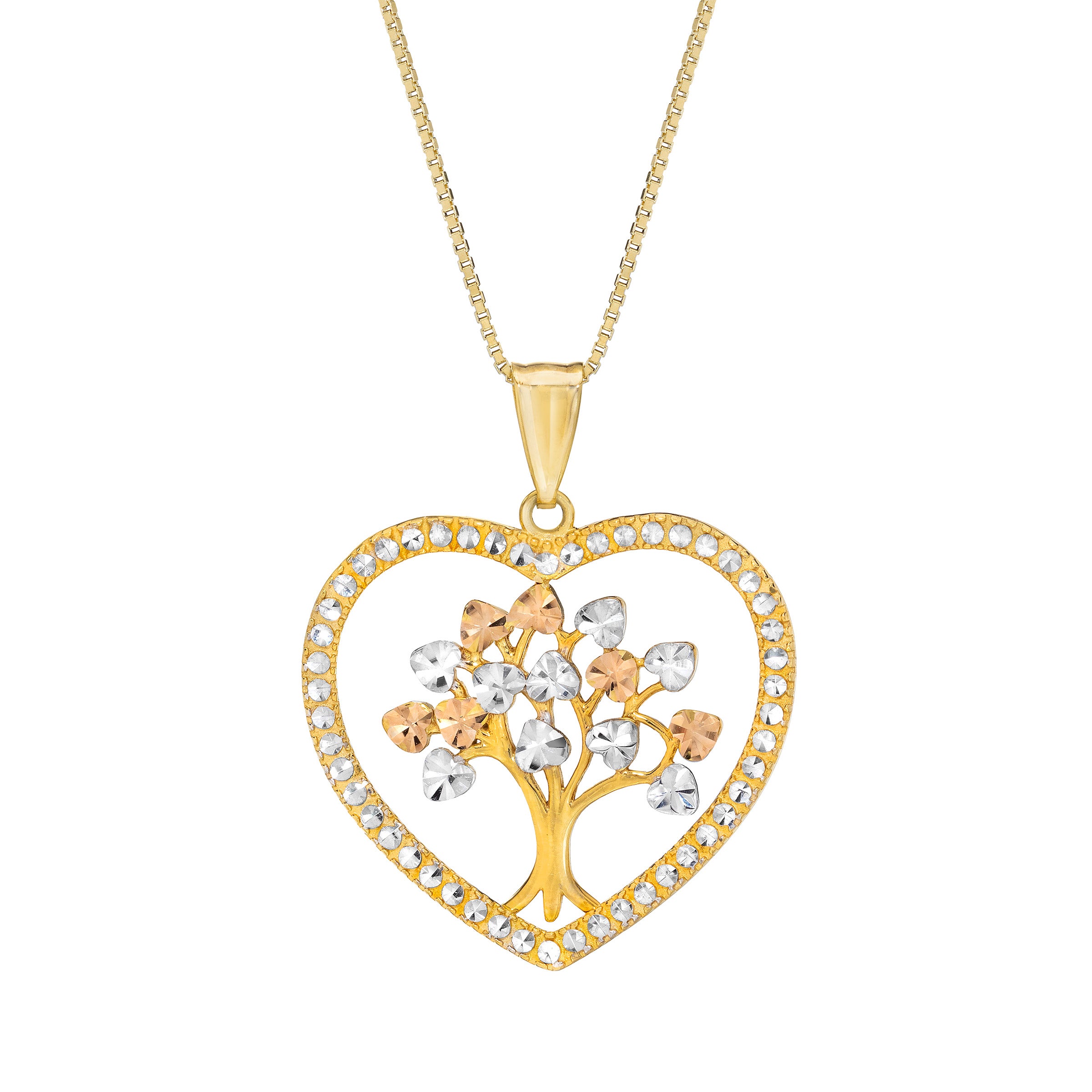 14KT TRI-COLOR GOLD TREE OF LIFE HEART 18¨ PENDANT
