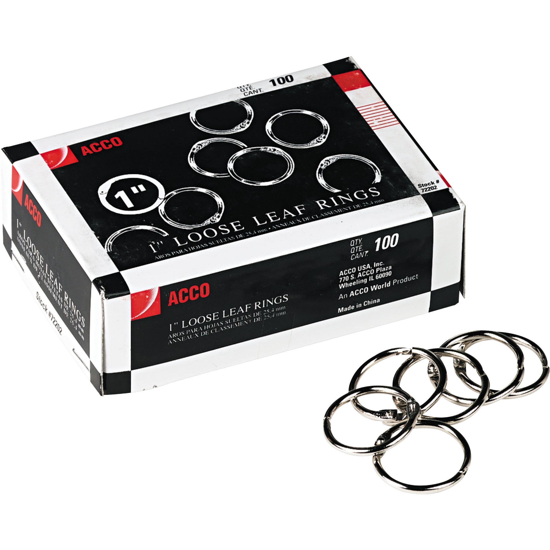 ACCO METAL BOOK RING 1 IN DIAMETER 100/BOX ACC72202 NICKEL