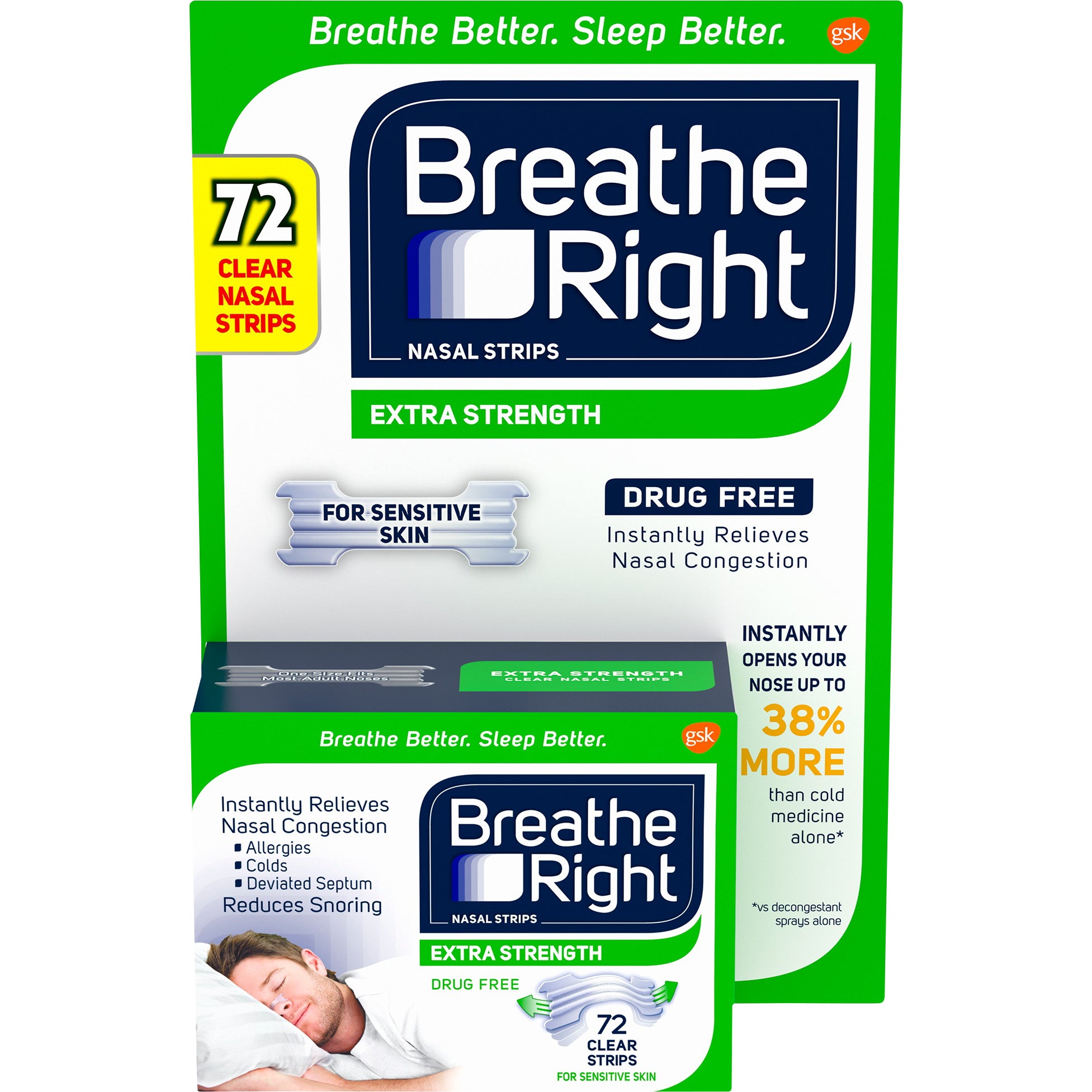 BREATHE RIGHT EXTRA NASAL STRIPS CLEAR 72 COUNT - Image 1