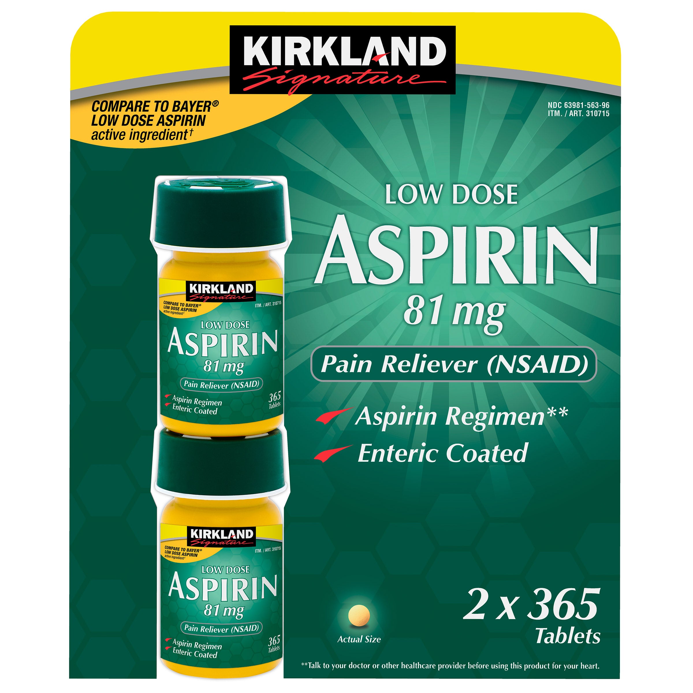 KIRKLAND SIGNATURE LOW DOSE ASPIRIN 81MG TABLETS 2 X 365 COUNT - Image 1