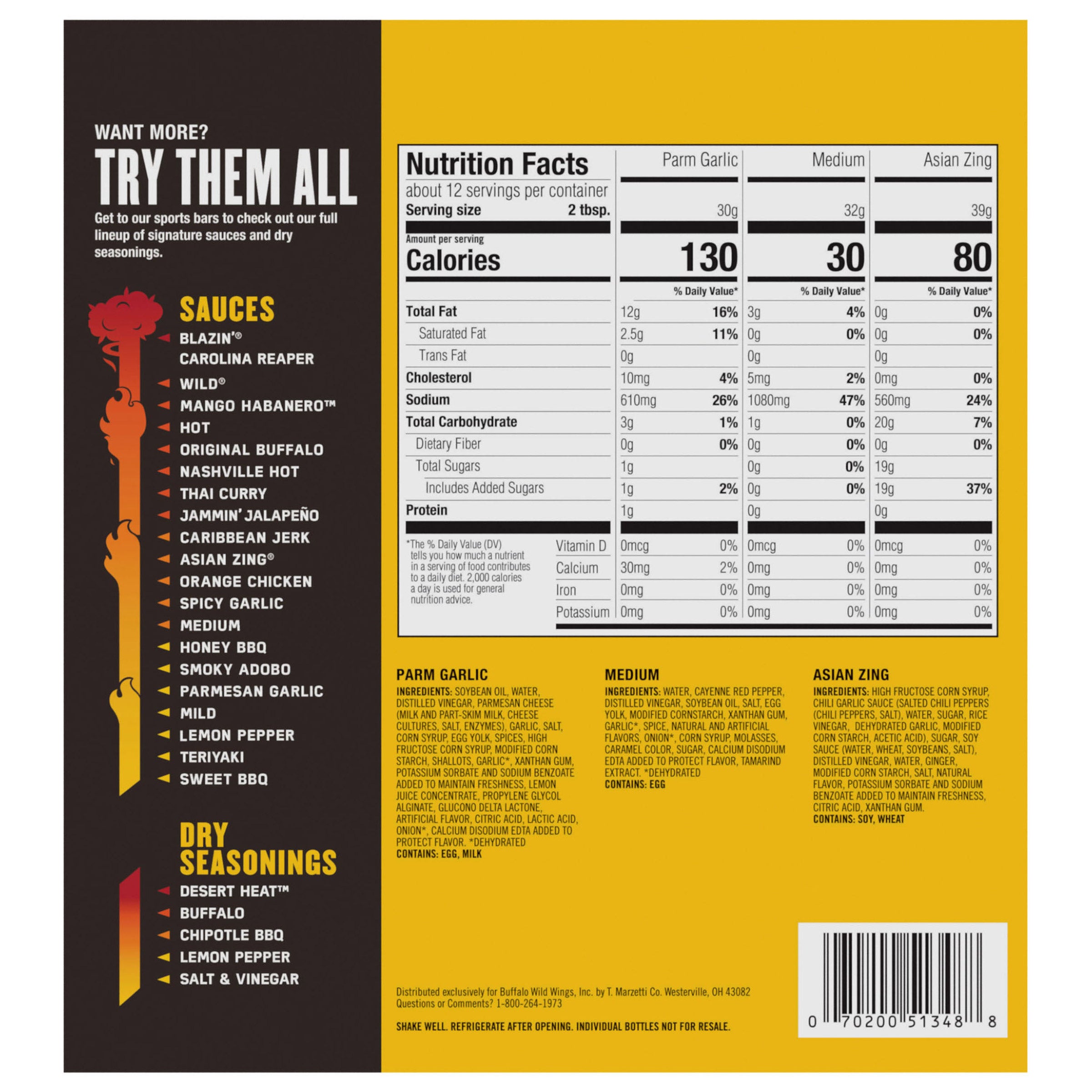 BUFFALO WILD WINGS BUFFALO SAUCE VARIETY 3 PACK 12 OUNCES EACH