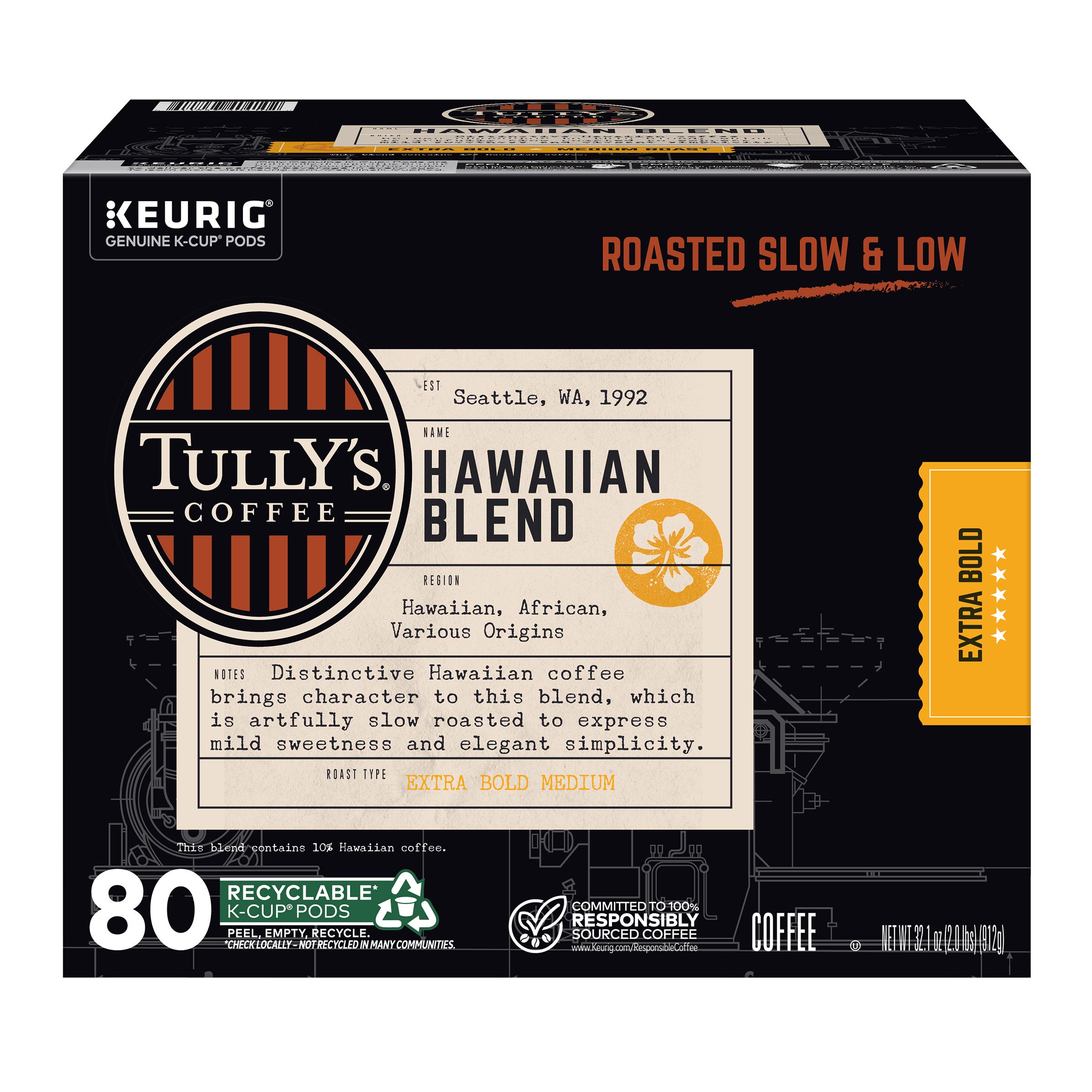 TULLY'S HAWAIIAN BLEND MEDIUM ROAST 80 COUNT K-CUP PODS - Image 1