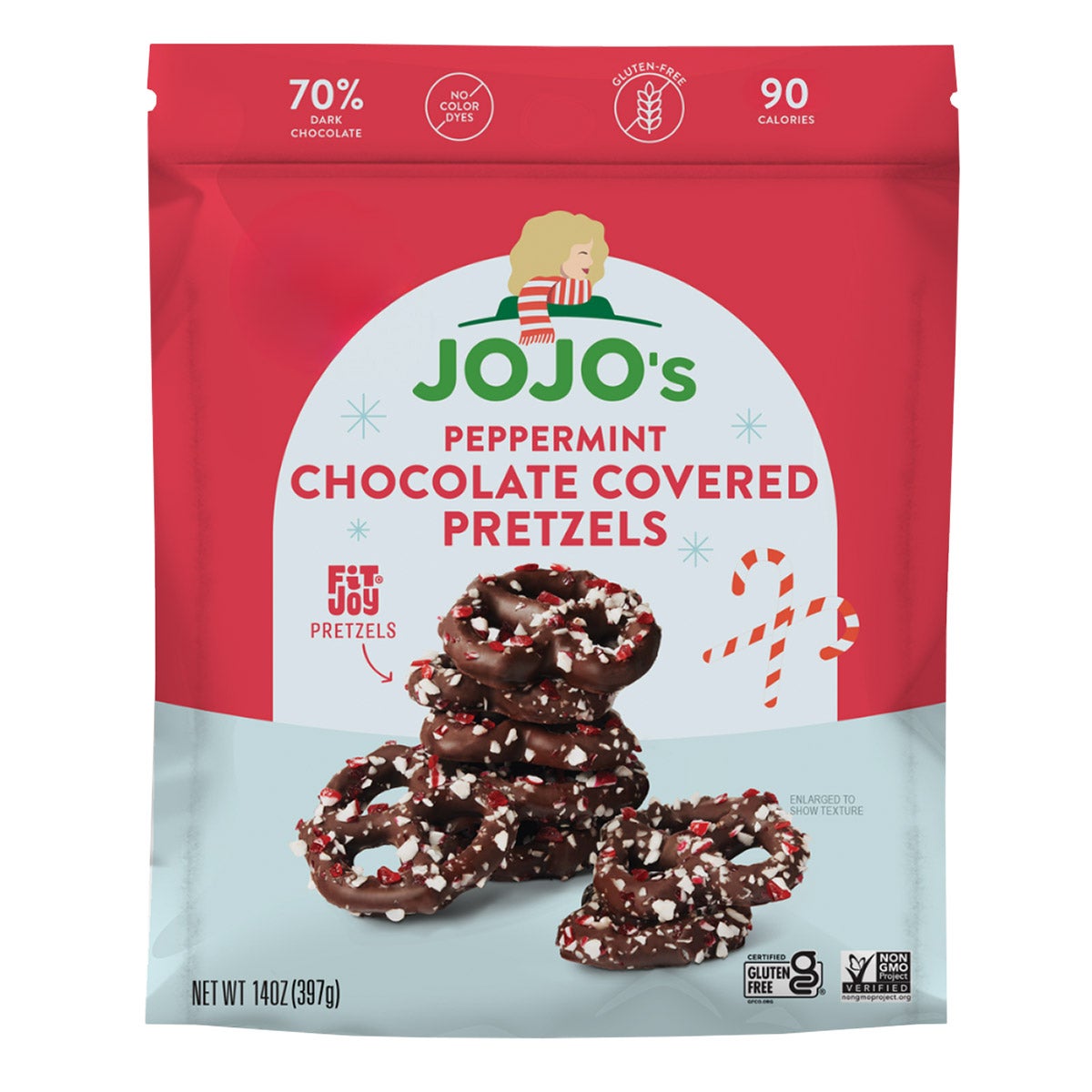 JOJO'S DARK CHOCOLATE PEPPERMINT PRETZELS 14 OZ