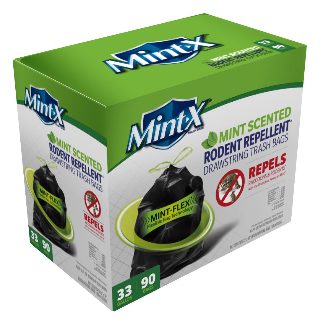 MINT RODENT REPELLENT 33 GALLON TRASH BAGS 90 COUNT BOX