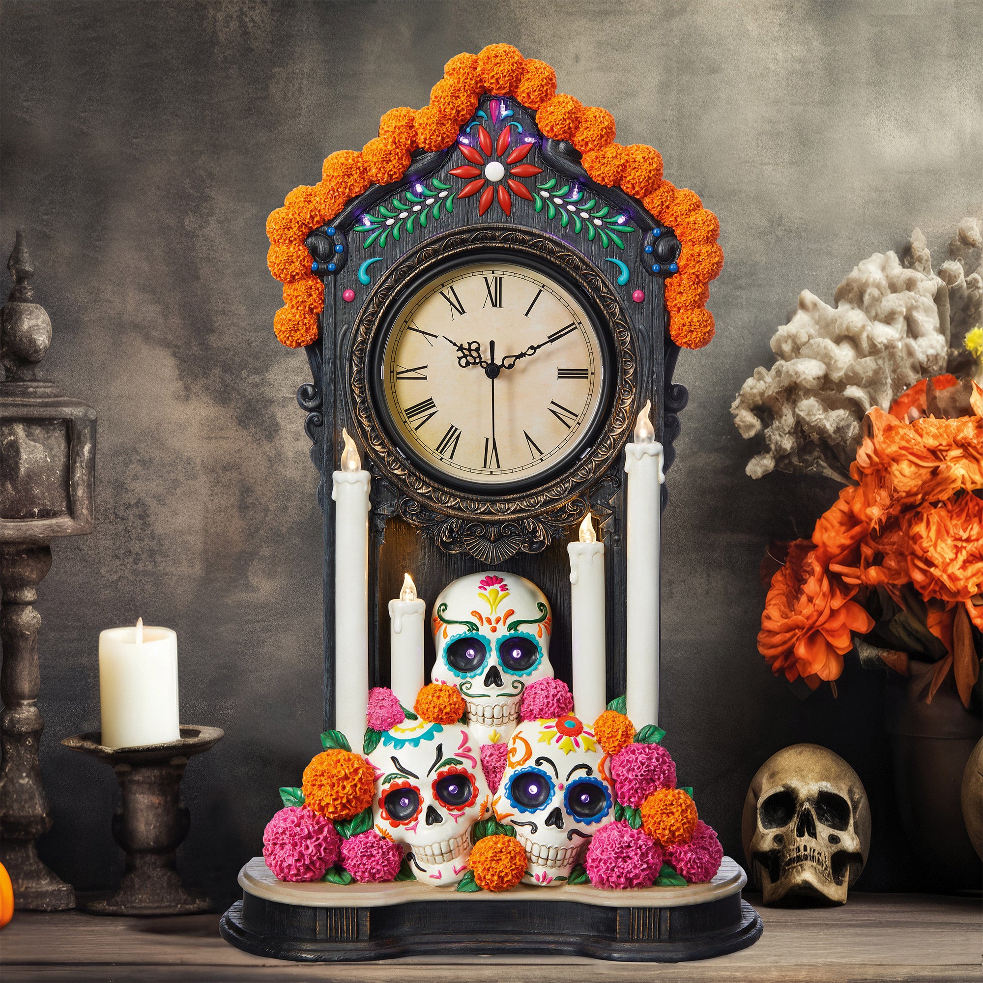 DAY OF THE DEAD CLOCK WITH LED CANDLES