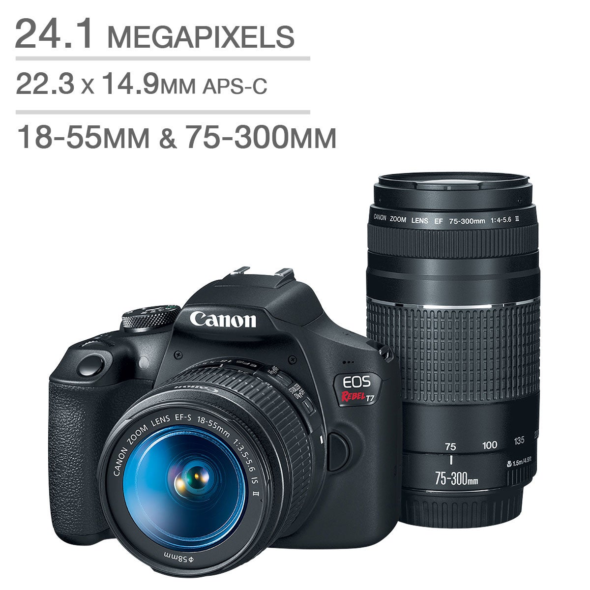 CANON T7 DSLR 18-55+EF 75-300 BUNDLE 32G CARD & CASE W/WIFI - Image 1
