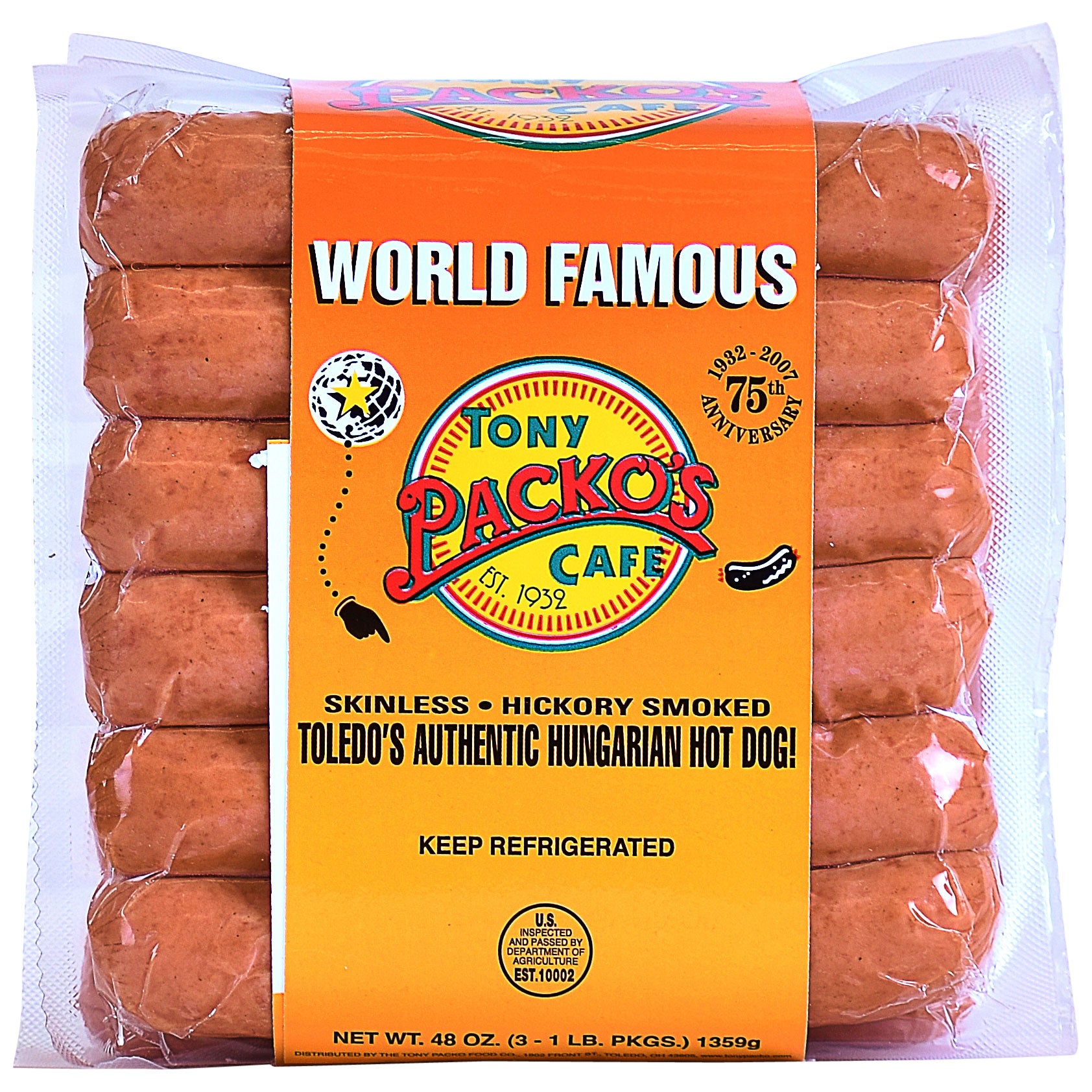 TONY PACKO'S SKINLESS HOT DOGS 3/16 OUNCE PACKAGES