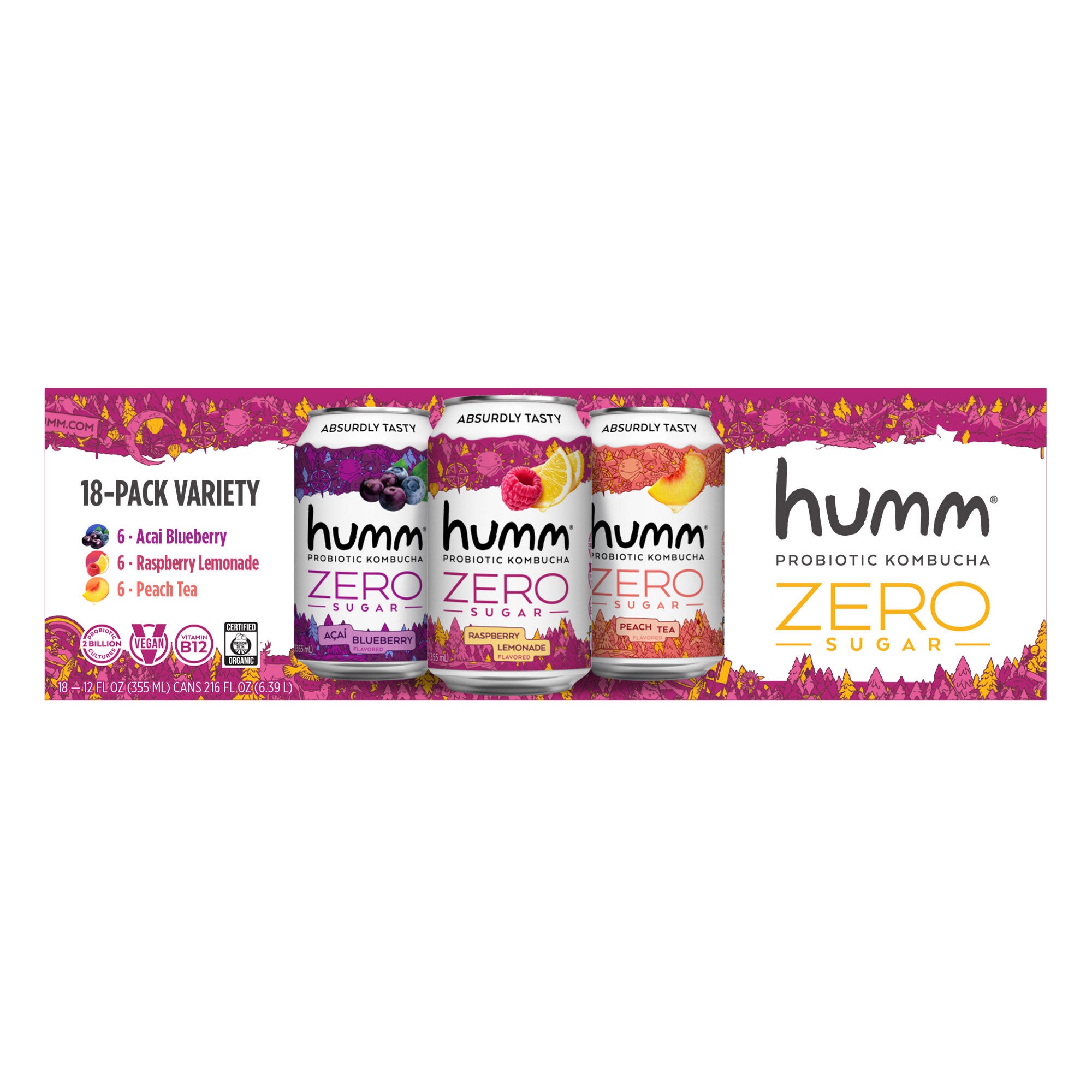 HUMM KOMBUCHA ZERO SUGAR VARIETY 18 PACK 12 OUNCES EACH
