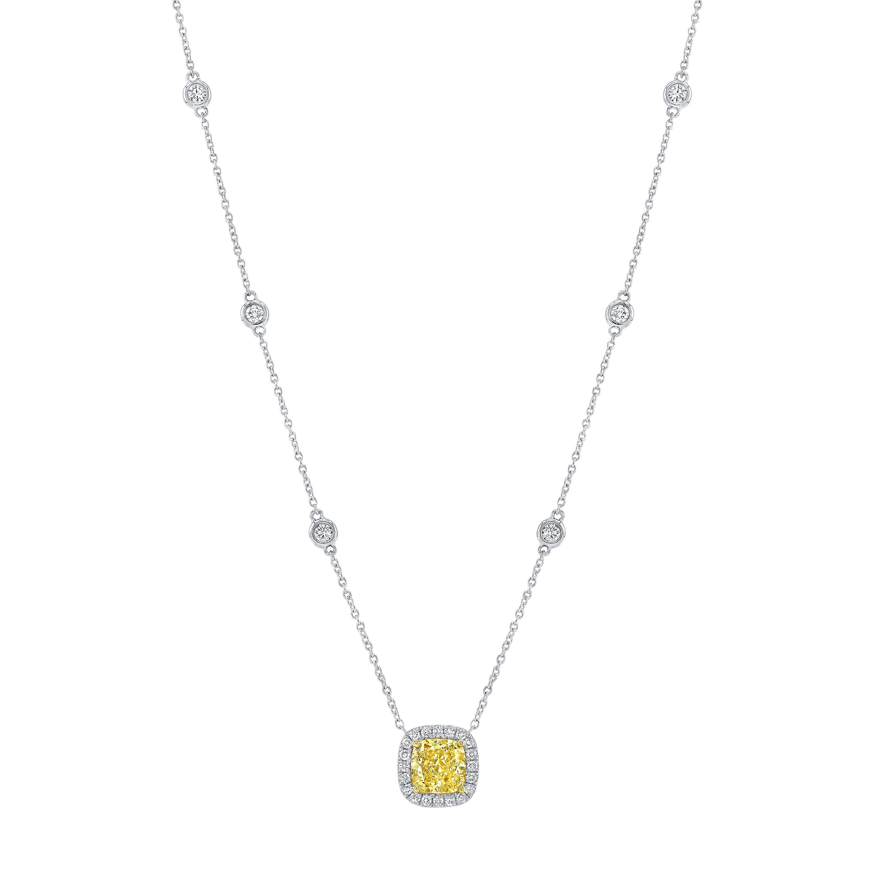 1.50CT CUSHION FANCY YELLOW VS2 1.98CTW 18KT WHITE GOLD PEND