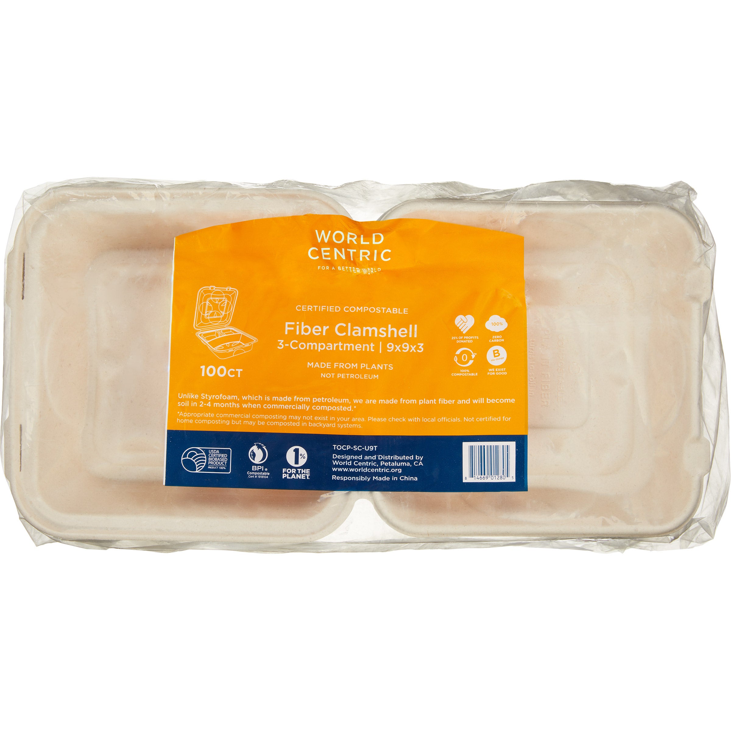 WORLD CENTRIC 9" X 9" 3-COMP TRAY 100 CT - Image 1