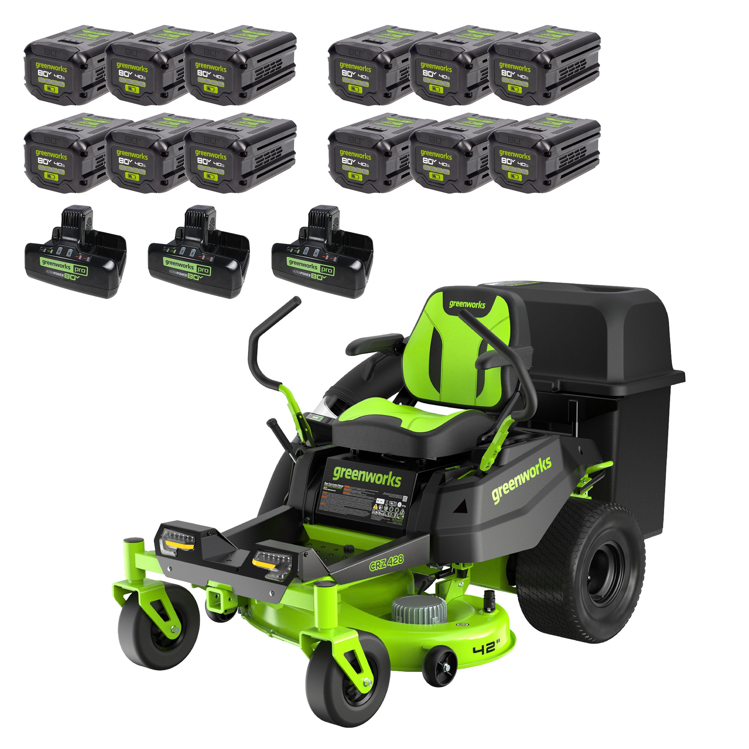 GREENWORKS 80V ZTR W/ BAG & 12 BATTERIES & 3 DUAL PORT CHARGER - Image 1