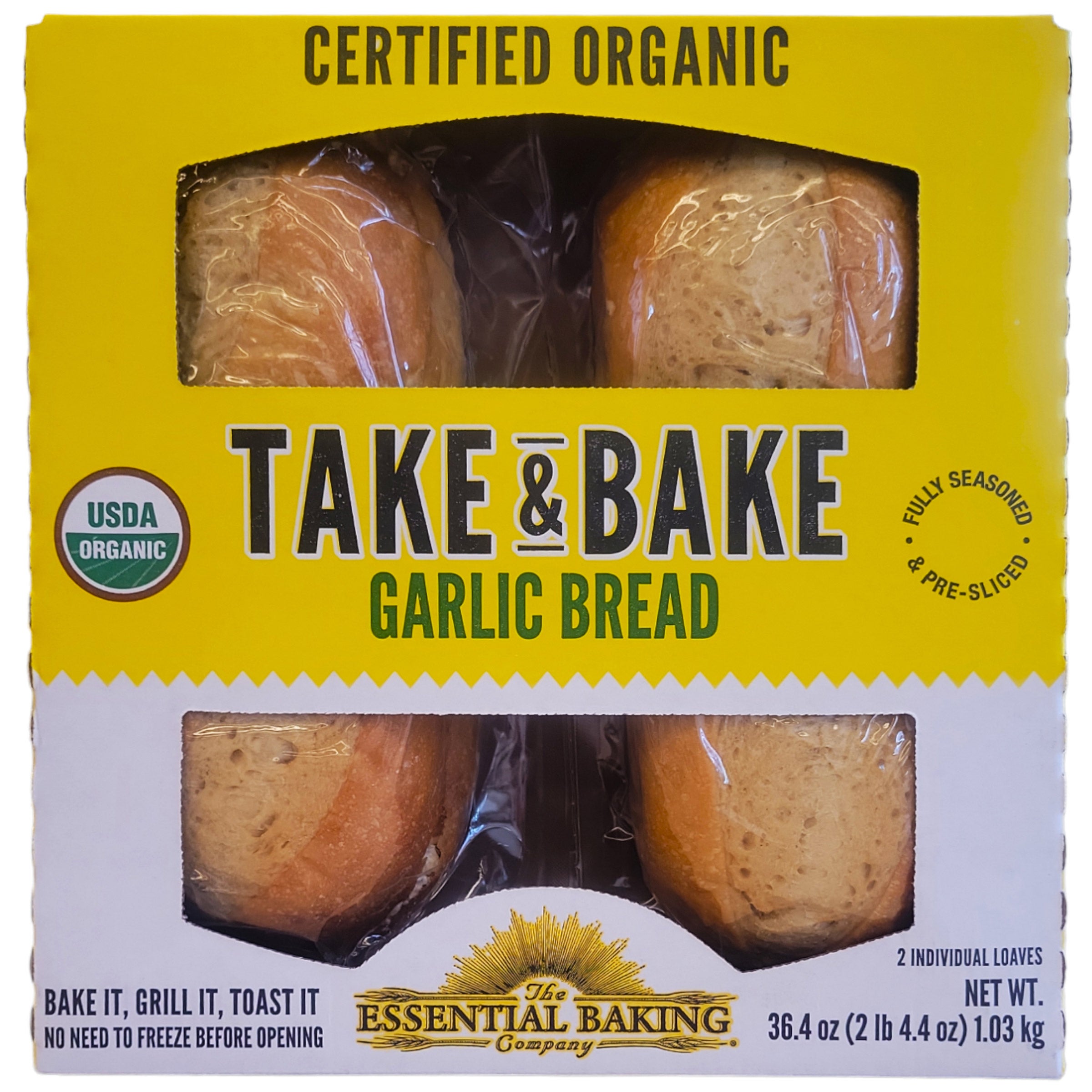 ORGANIC ESSENTIAL BAKE TAKE BAKE GARLIC BREAD 2 PACK 18.2 OUNCES