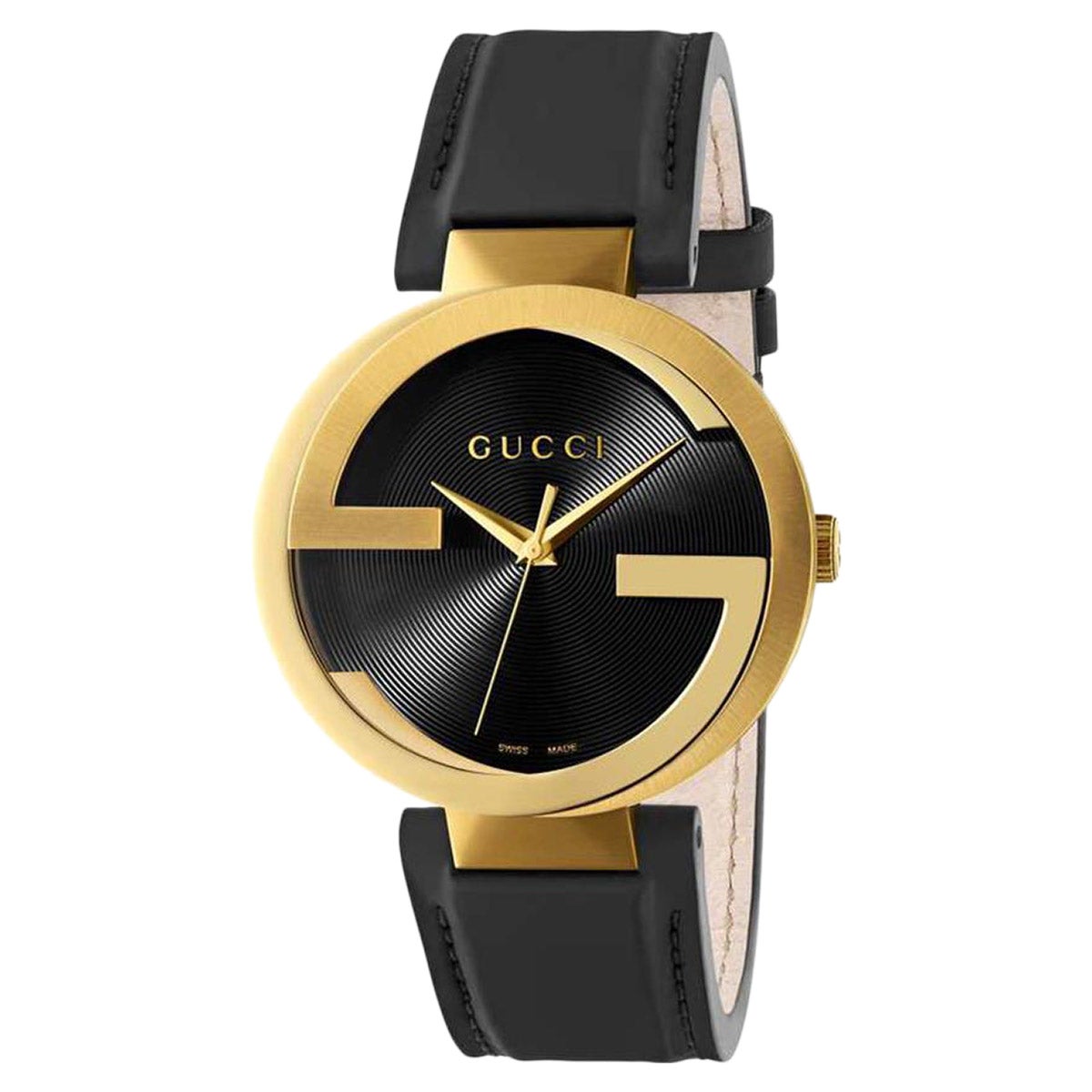 GUCCI INTERLOCKING G BLACK LEATHER STRAP MEN'S QUARTZ WATCH - Image 1