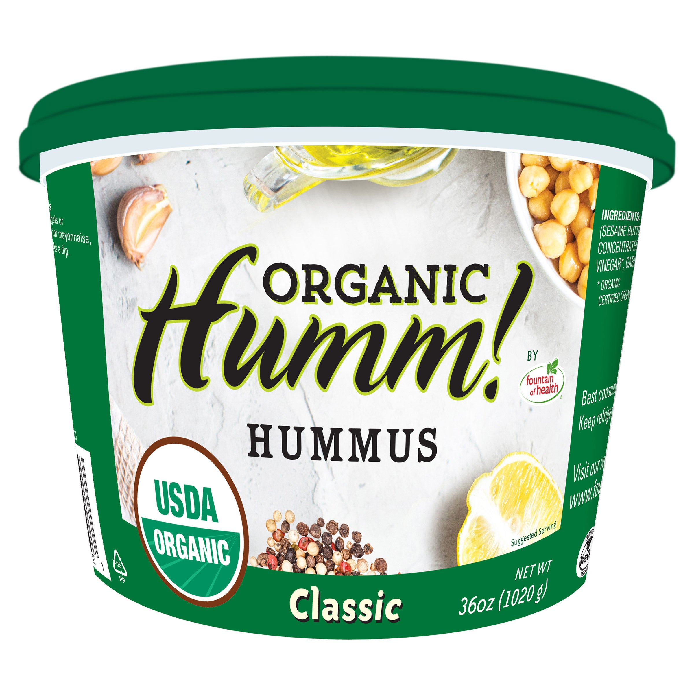 FOUNTAIN OF HEALTH ORGANIC CLASSIC HUMMUS 36 OZ