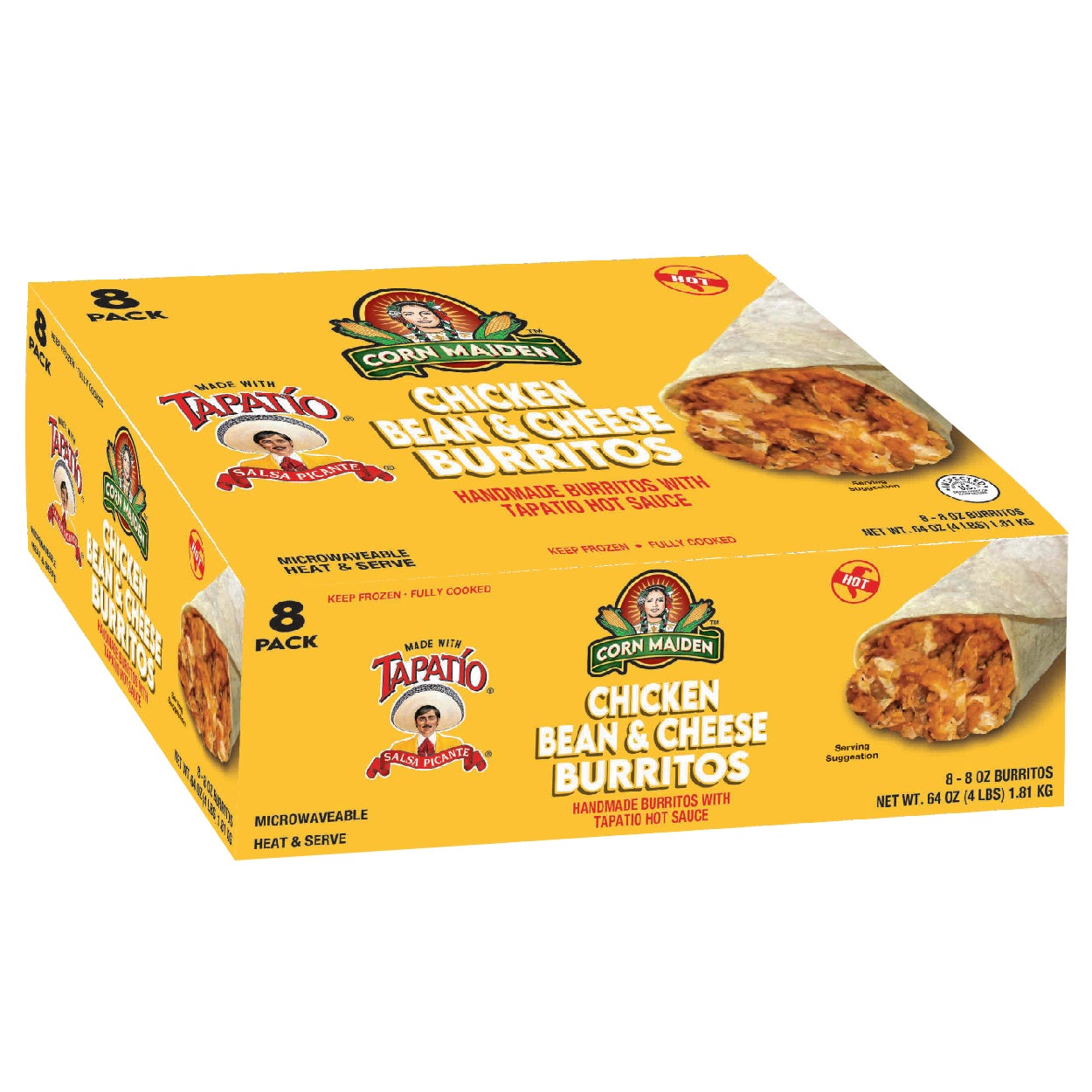 CORN MAIDEN TAPATIO CHICKEN BEAN & CHEESE BURRITOS 8/8 OZ