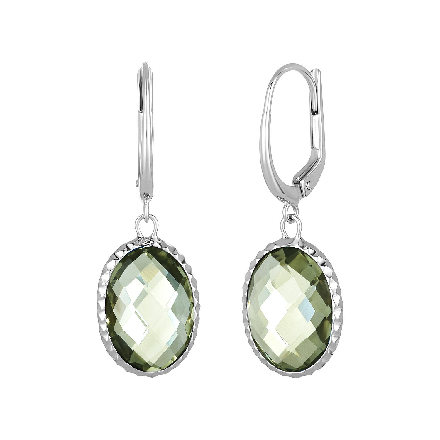 14KT WHITE GOLD 14X10MM GREEN QUARTZ OVAL EARRINGS