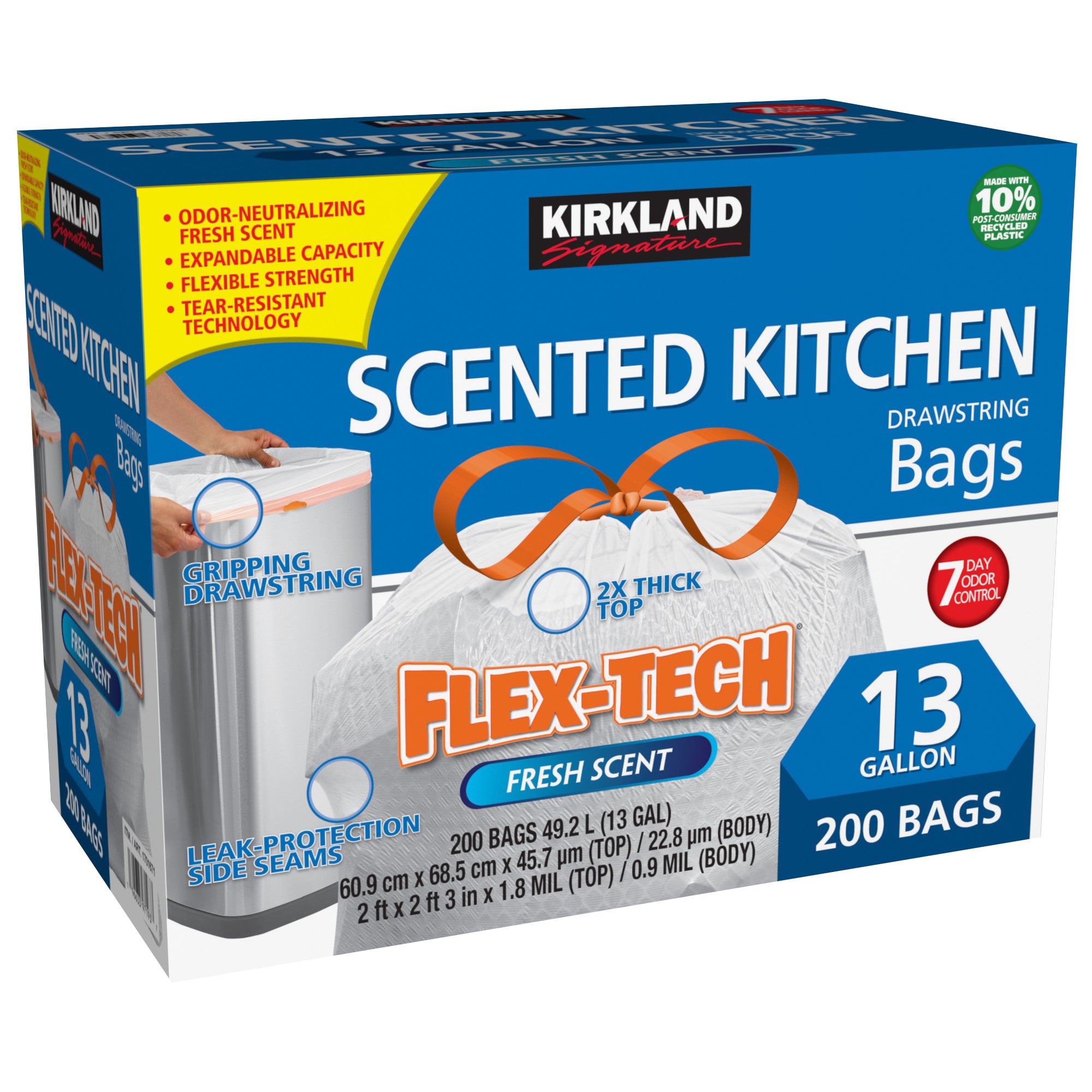 KIRKLAND SIGNATURE FLEX-TECH KITCHEN BAGS SCENTED 13 GAL 200 CT - Image 1