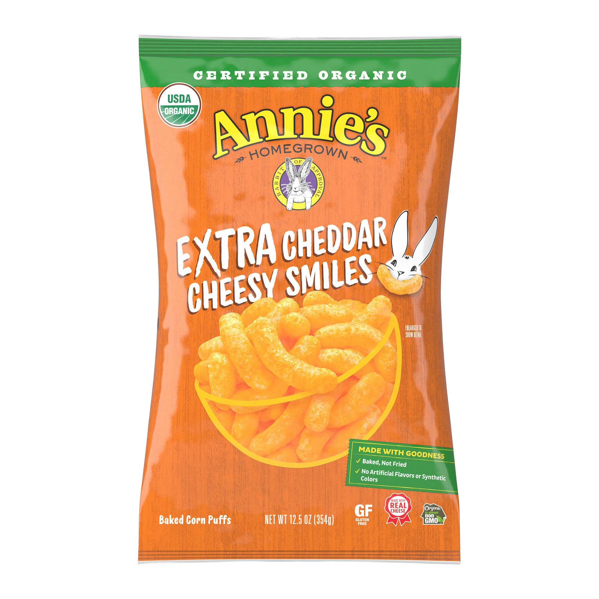 ORGANIC ANNIE'S EXTRA CHEDDAR CHEESY SMILES 12.5 OUNCES