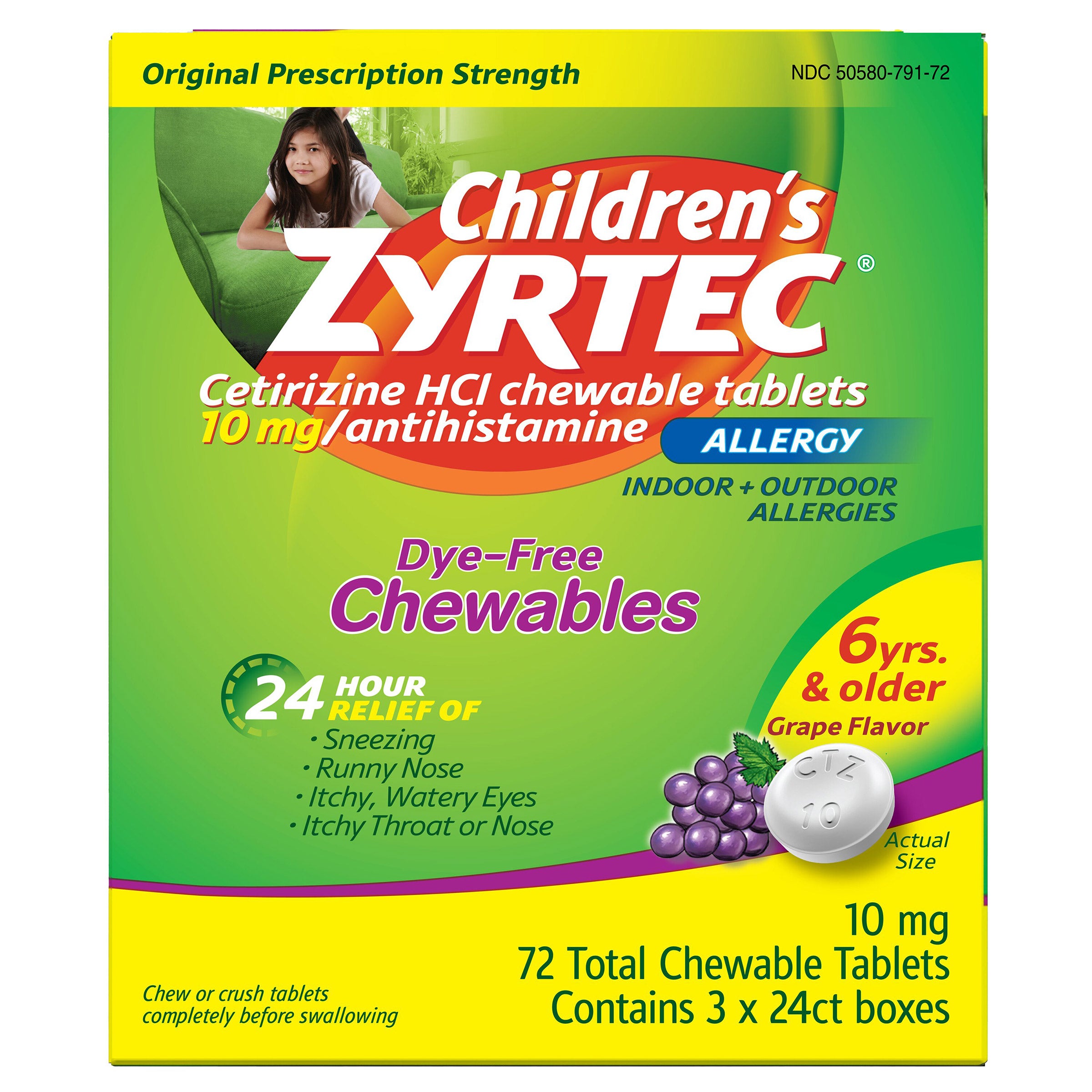 CHILDREN'S ZYRTEC CHEWABLE TABLETS 10MG DYE-FREE 72CT - Image 1