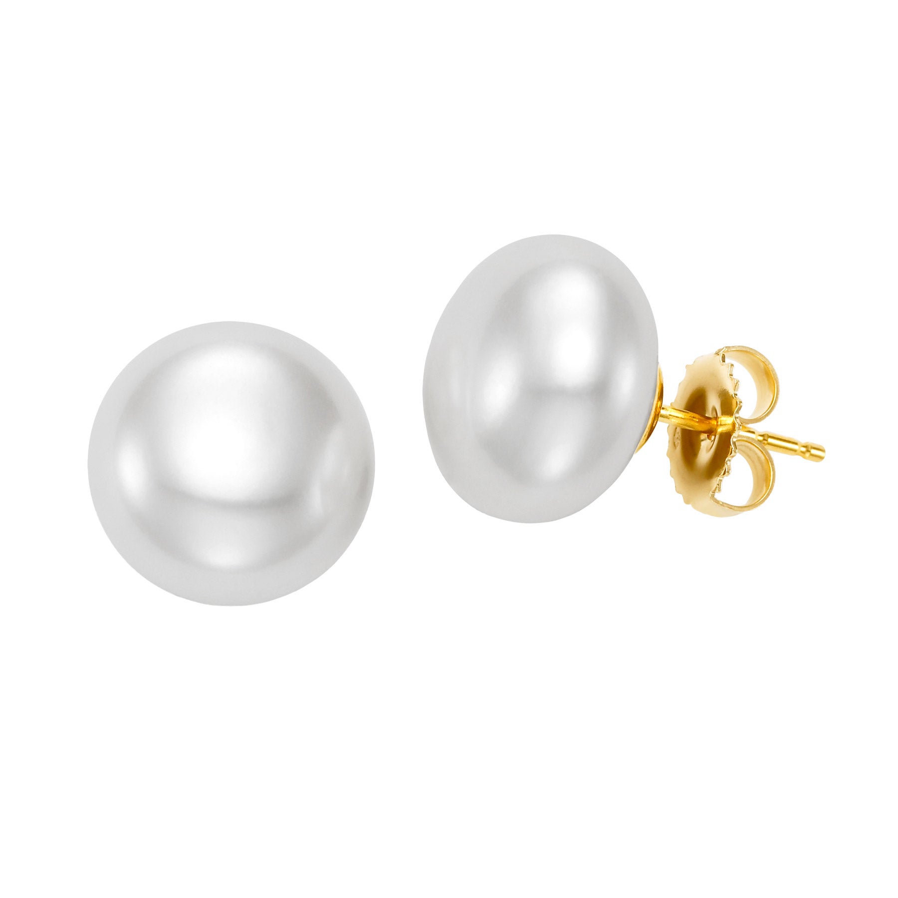 14KT GOLD 12-13MM FRESHWATER CULTURED BUTTON PEARL EARRINGS - Image 1