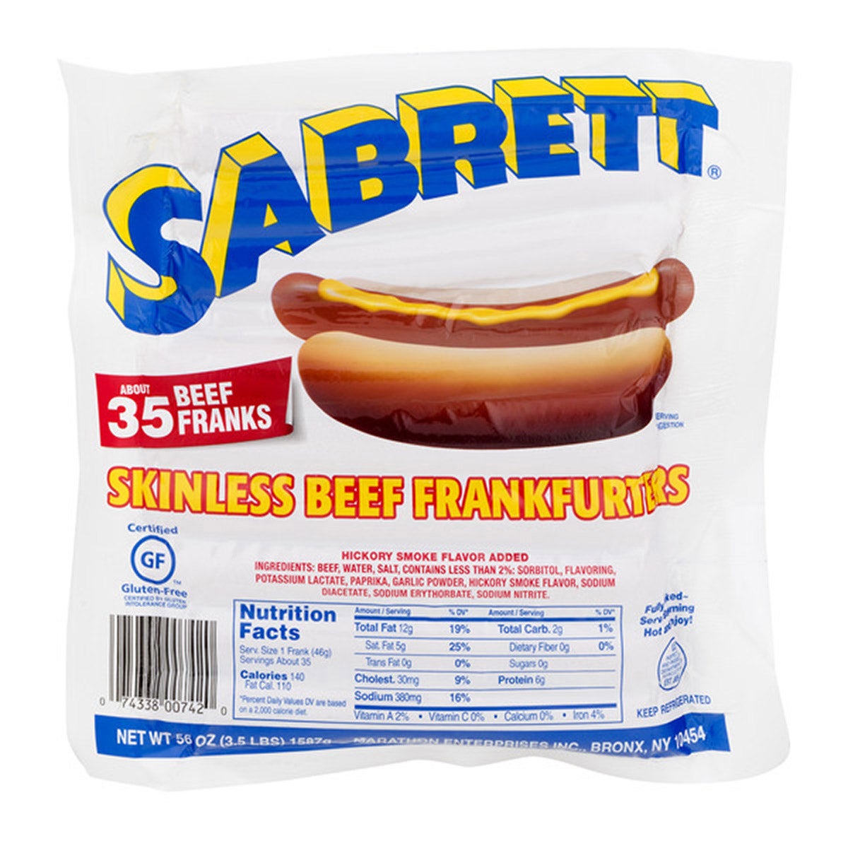 SABRETT SKINLESS BEEF FRANKS 56 OZ (3.5 LBS)