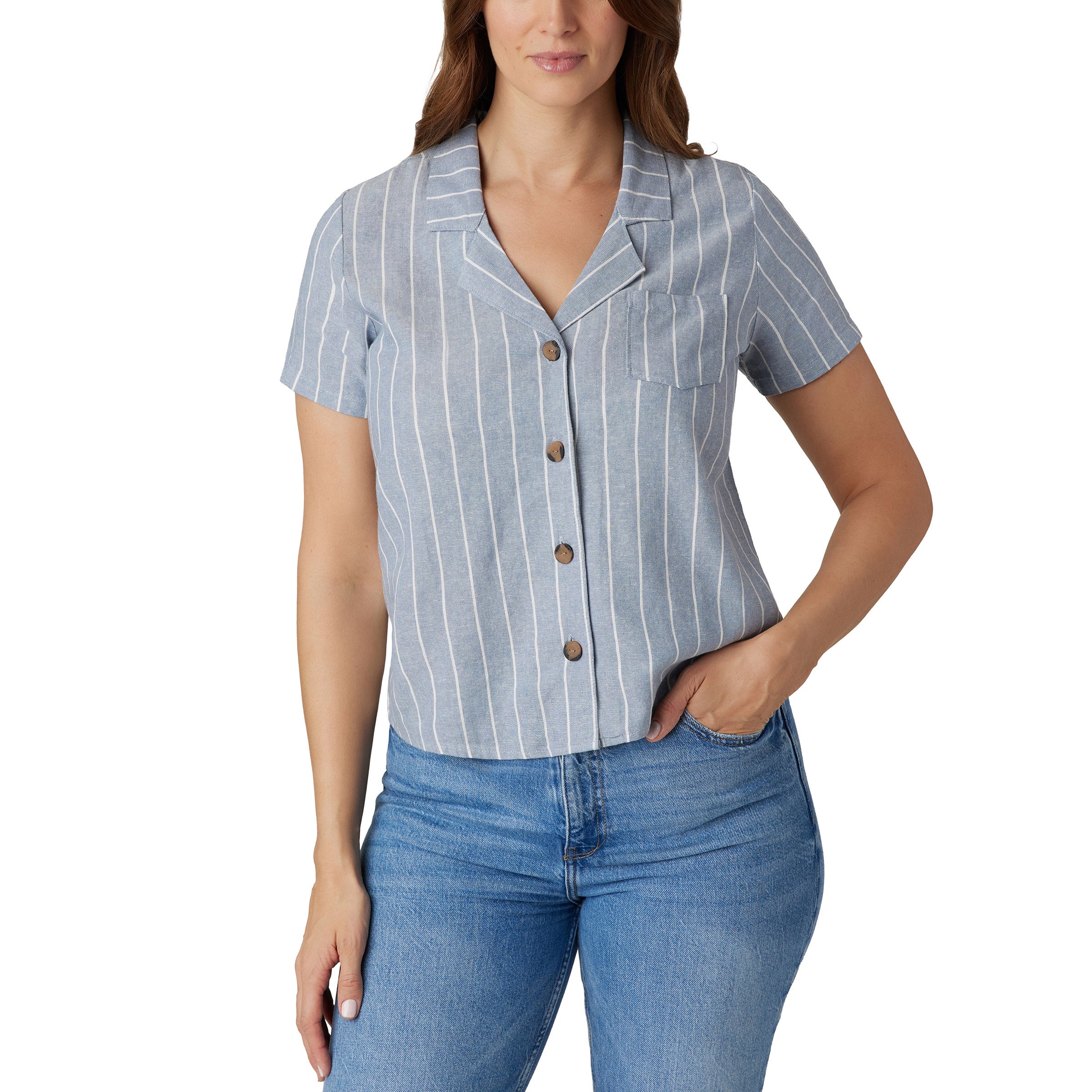 HANG TEN LADIES' BUTTON UP LINEN BLEND SHIRT - Image 1