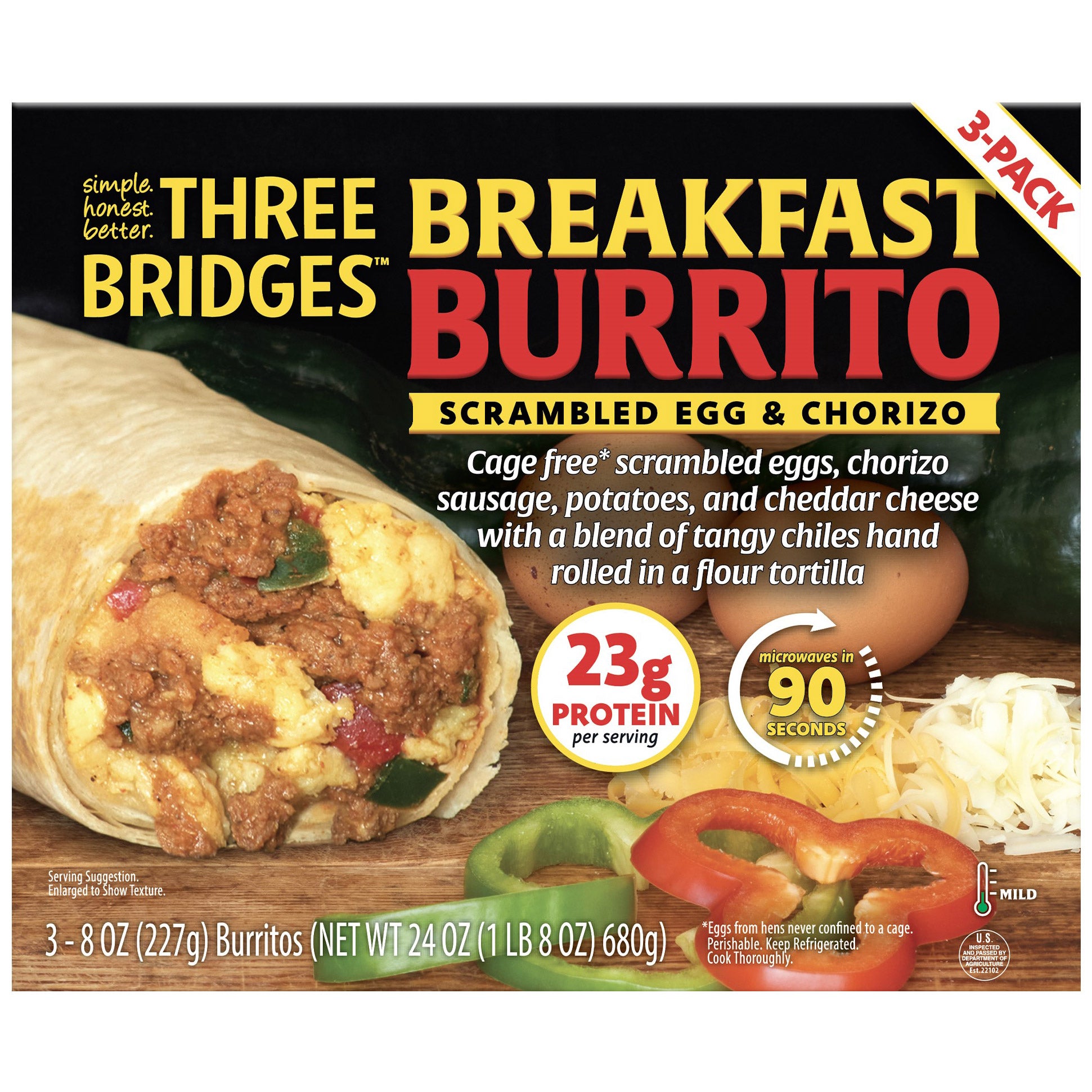 THREE BRIDGES EGG & CHORIZO BURRITOS 3/8 OZ