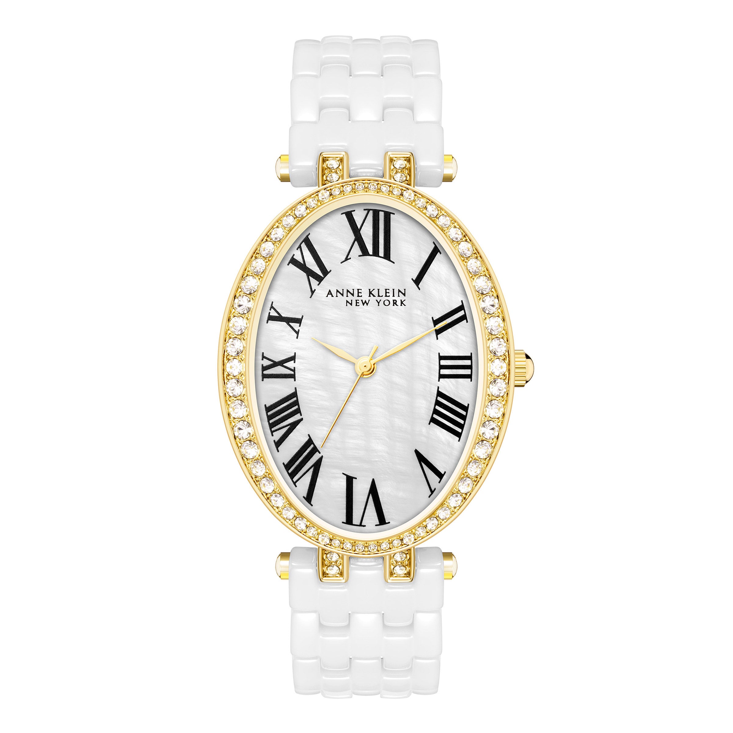 ANNE KLEIN NEW YORK CRYSTAL WHITE CERAMIC GOLD TONE LADIES WATCH