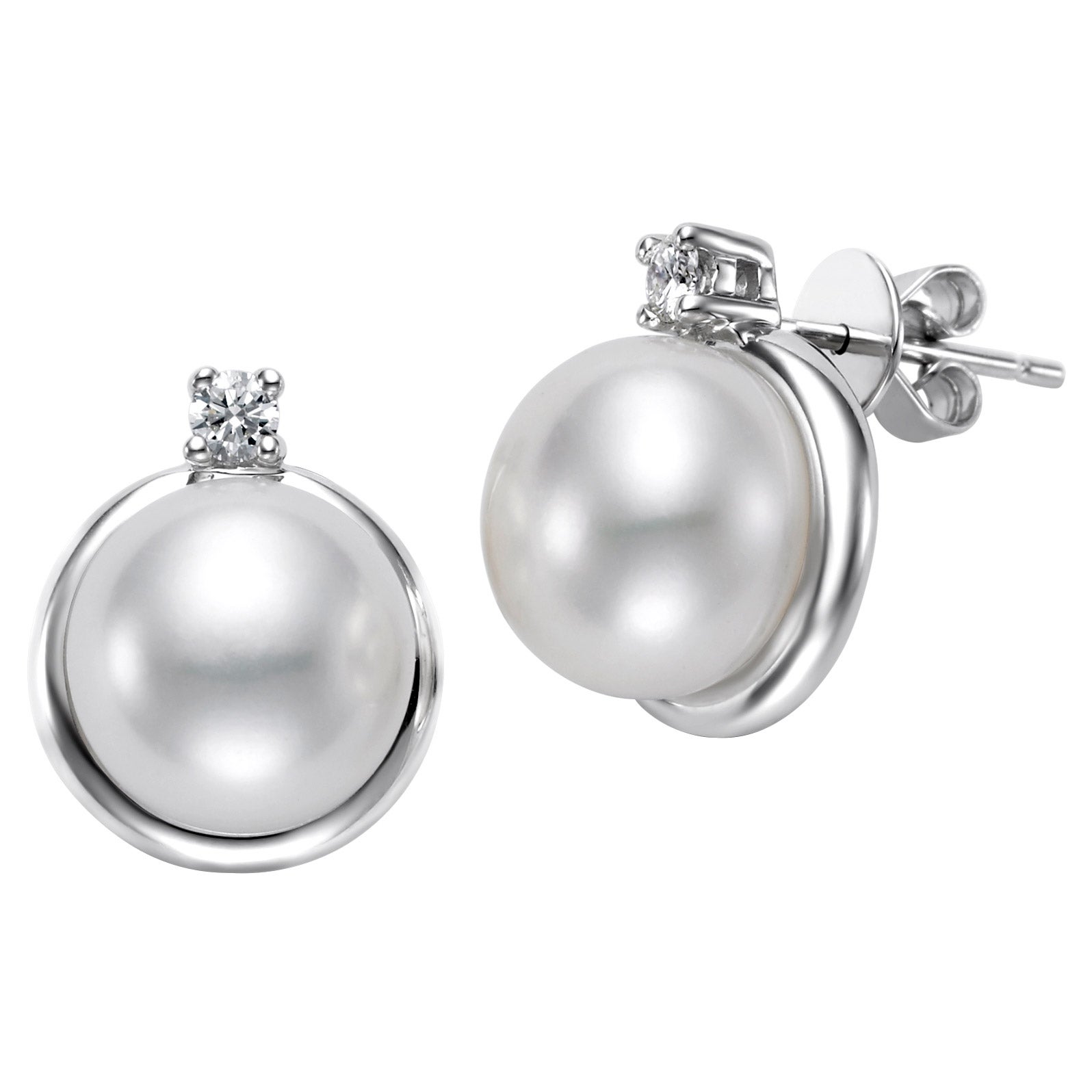 14KT GOLD .12CTW DIA 9-10MM FRESHWATER CULTURED PEARL EARRING - Image 1