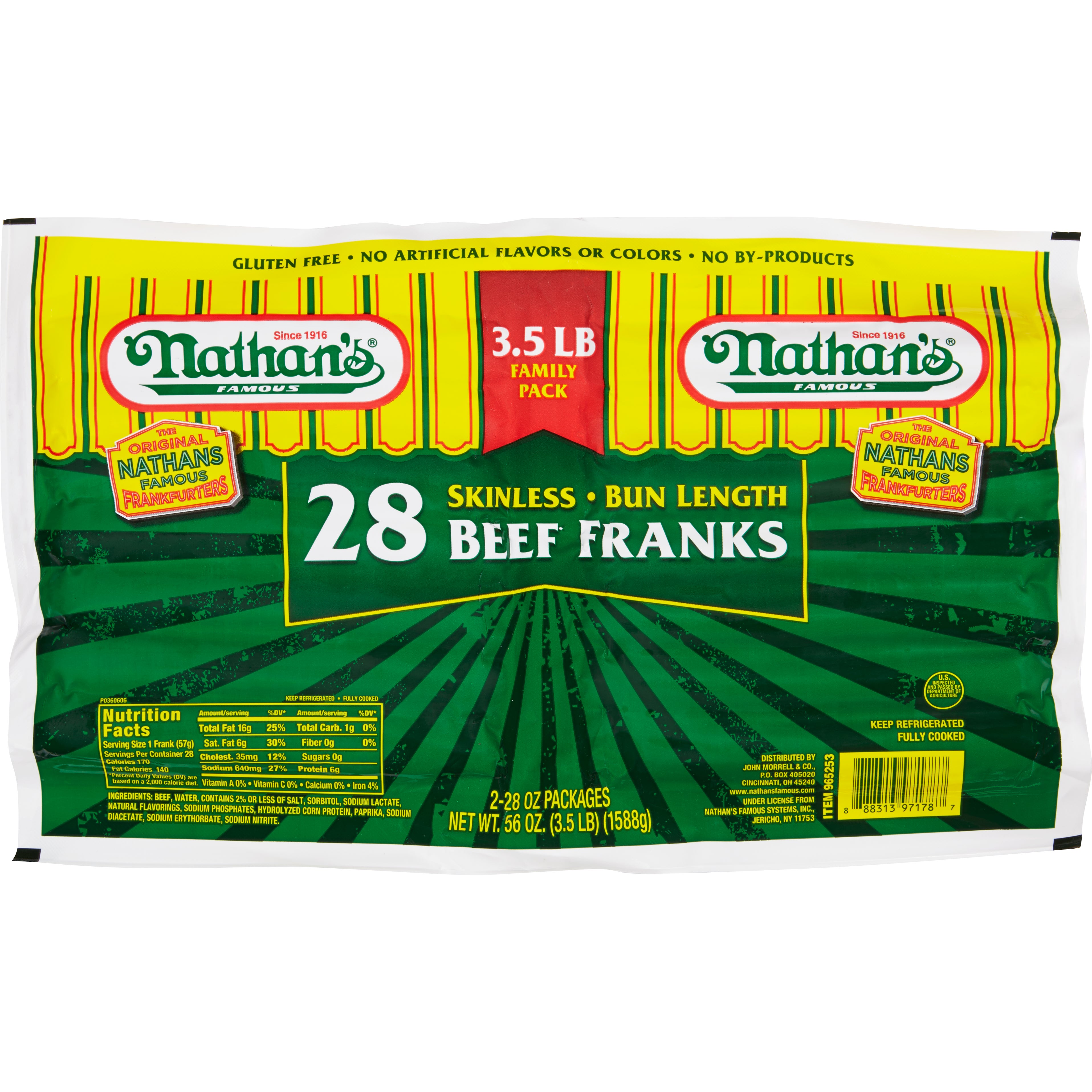 NATHAN'S ALL BEEF SKINLESS FRANKS 2/28 OZ (3.5 LBS)