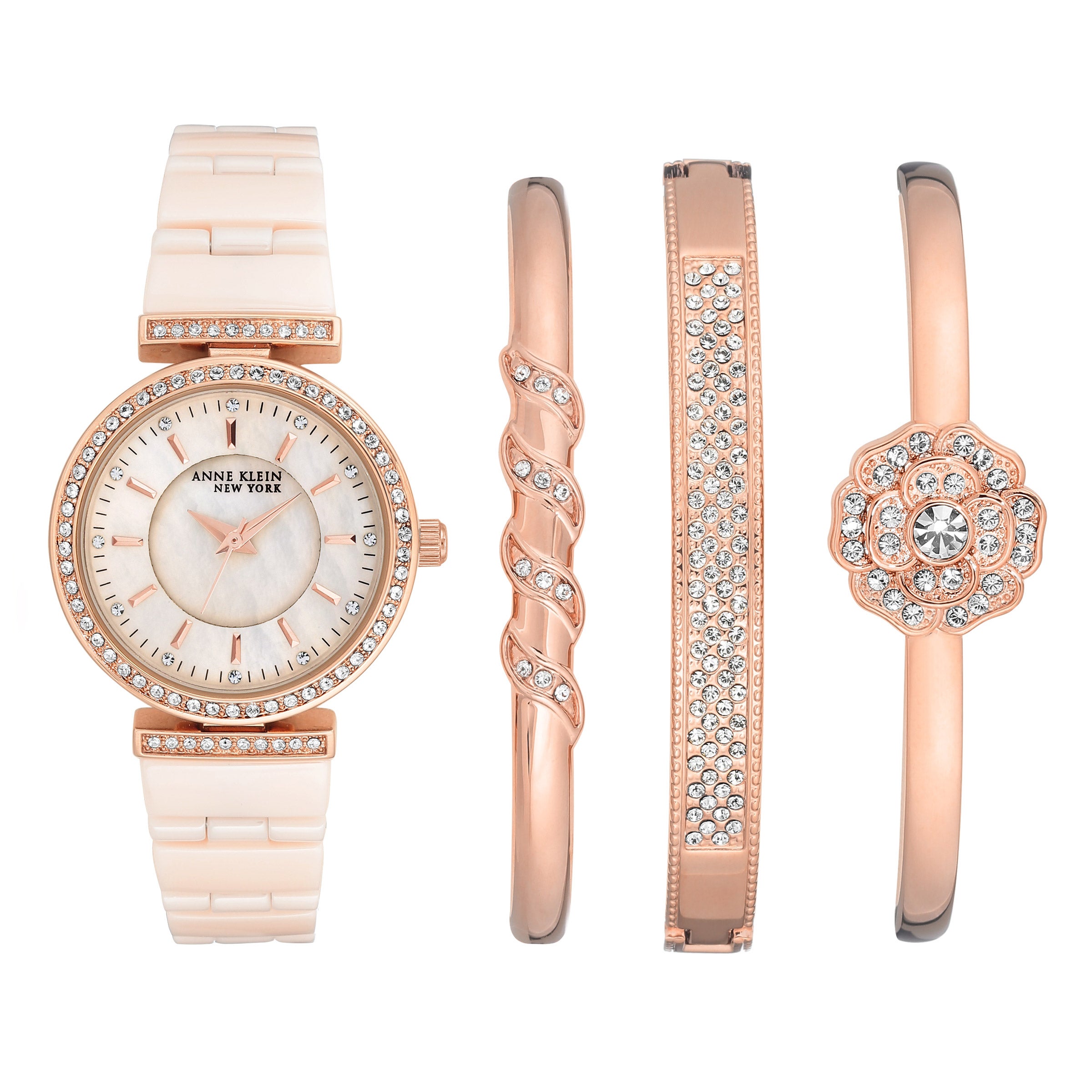 ANNE KLEIN NEW YORK ROSE TONE & CERAMIC LADIES WATCH SET
