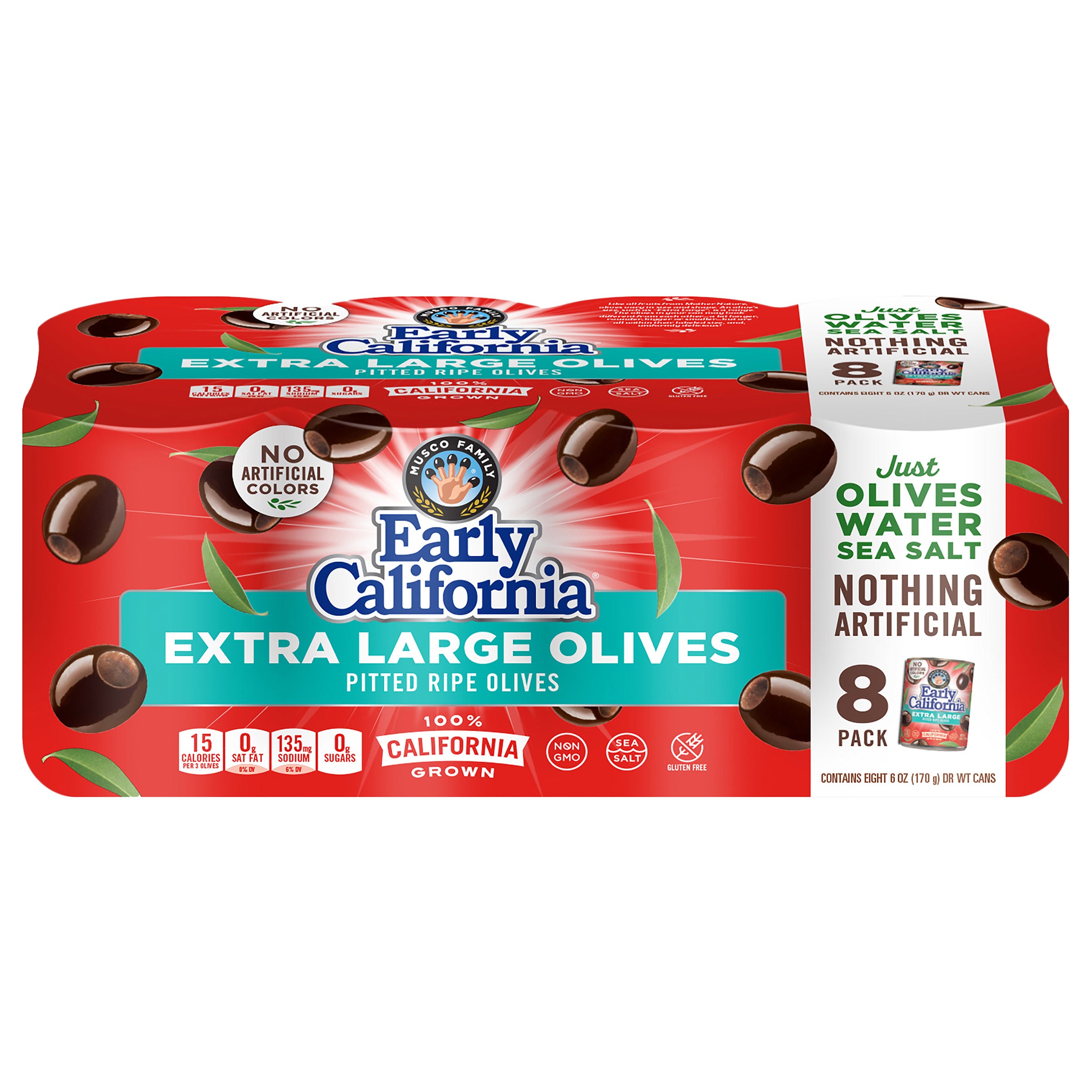 Early California Extra Large Pitted Black Olives, 8 Pack, 6 Ounces Each