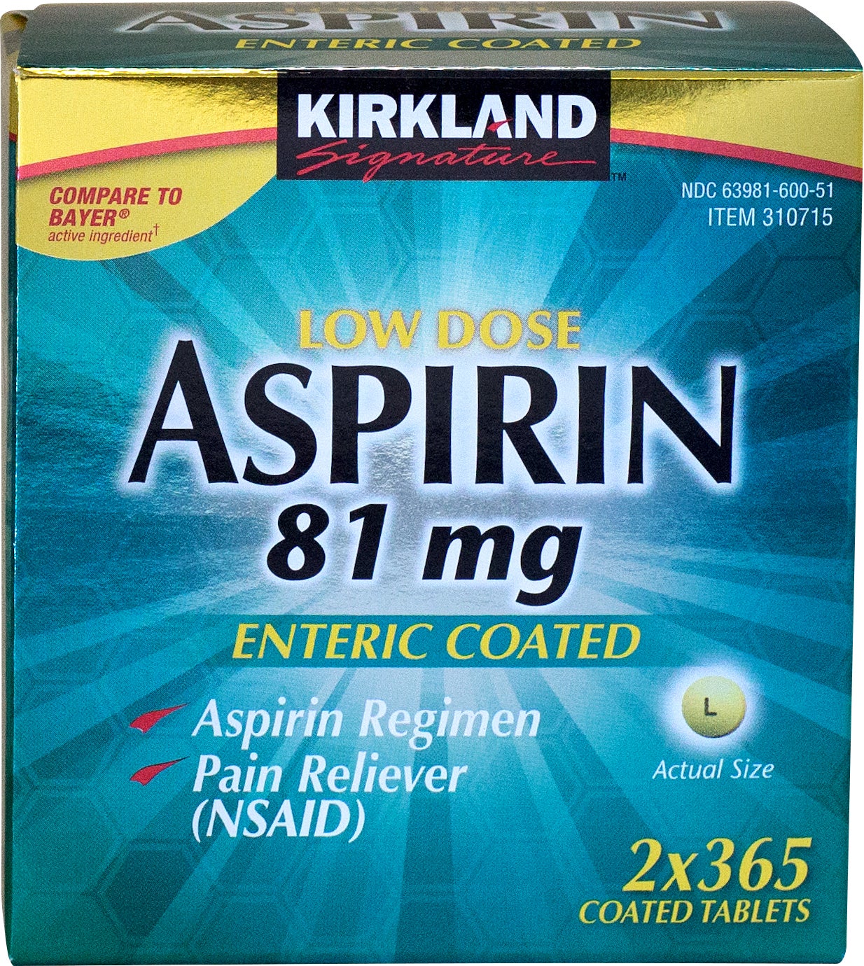 KIRKLAND SIGNATURE LOW DOSE ASPIRIN 81MG TABLETS 2 X 365 COUNT - Image 1