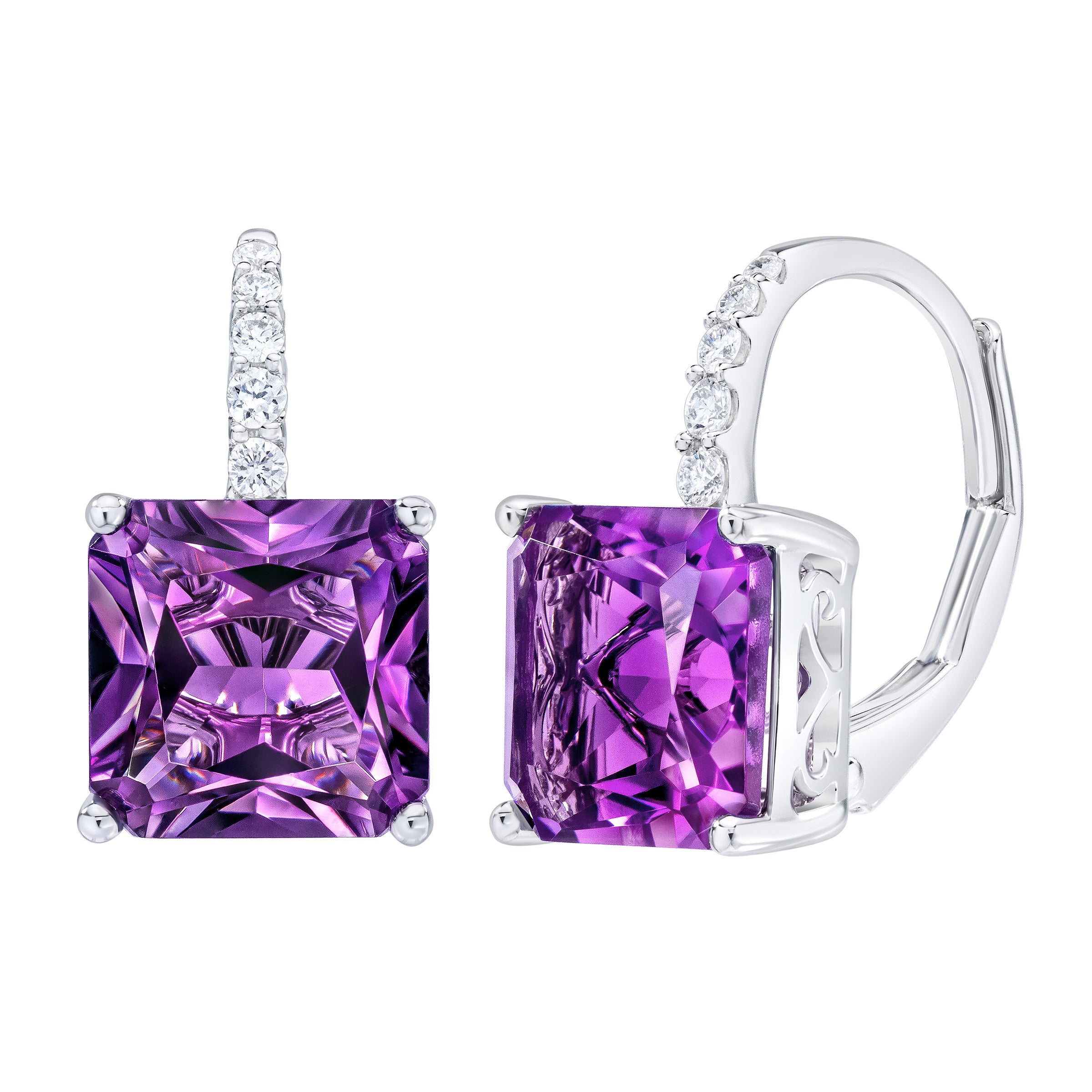 14KT WHITE GOLD VS2 I .10CTW DIAMOND & AMETHYST EARRINGS - Image 1