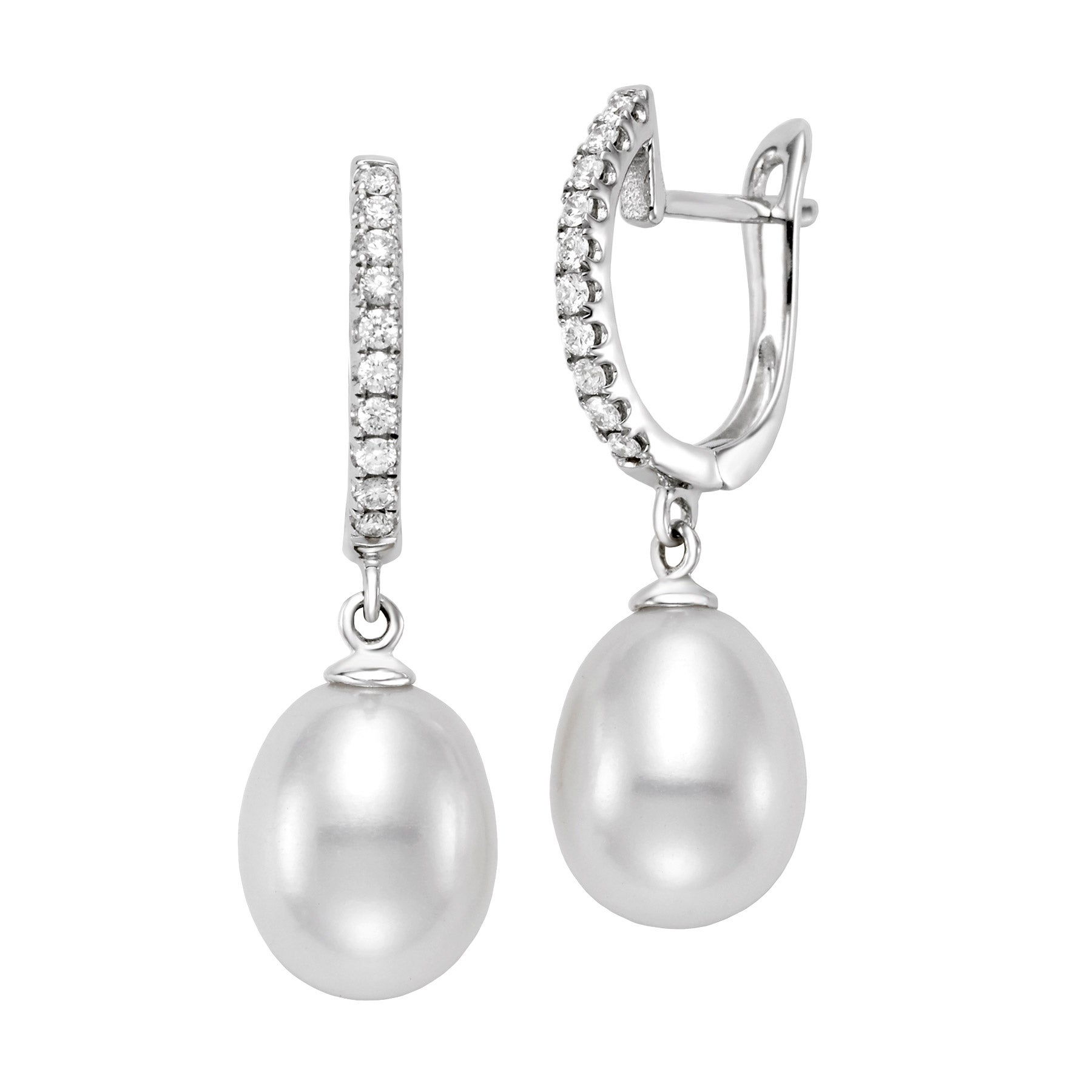 14KT GOLD & DIAMOND FRESHWATER CULTURED PEARL 8-9MM EARRINGS - Image 1