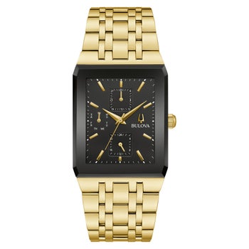 BULOVA QUADRA GOLDTONE STAINLESS STEEL BLACK DIAL QUARTZ MENS WATCH