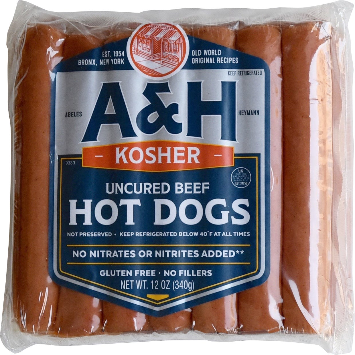 ABELES & HEYMANN KOSHER UNCURED BEEF HOT DOGS 3-12OZ PACKS - Image 1