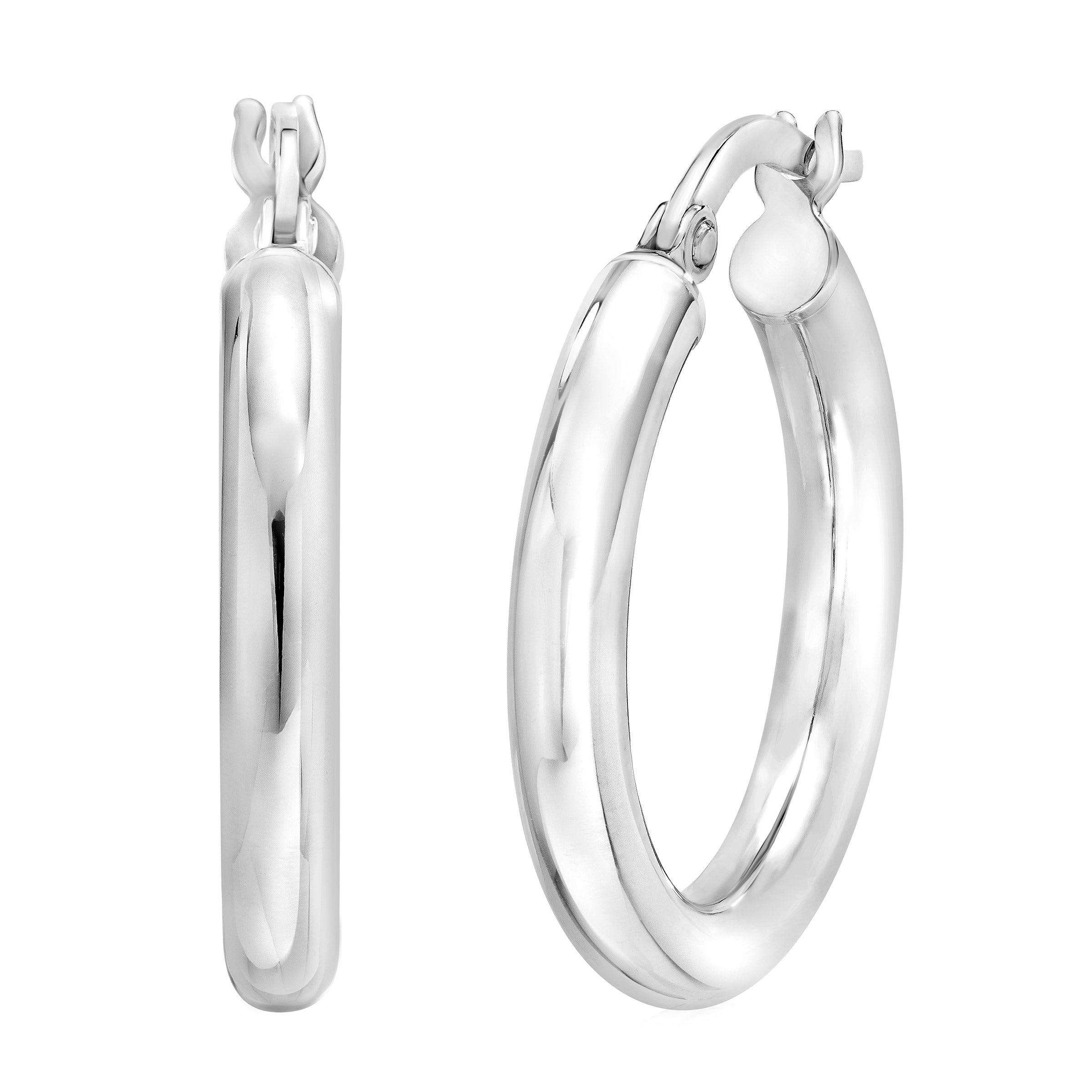 14KT WHITE GOLD 3X20 HOOP EARRINGS MADE IN ITALY - Image 1