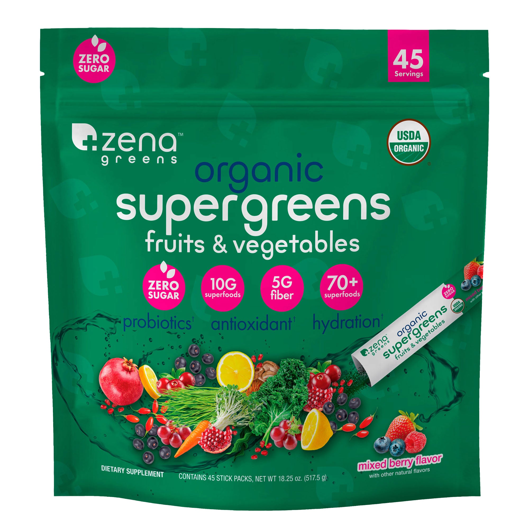 ZENA ORGANIC SUPER GREENS 11.5GM STICK PACK 45CT - Image 1
