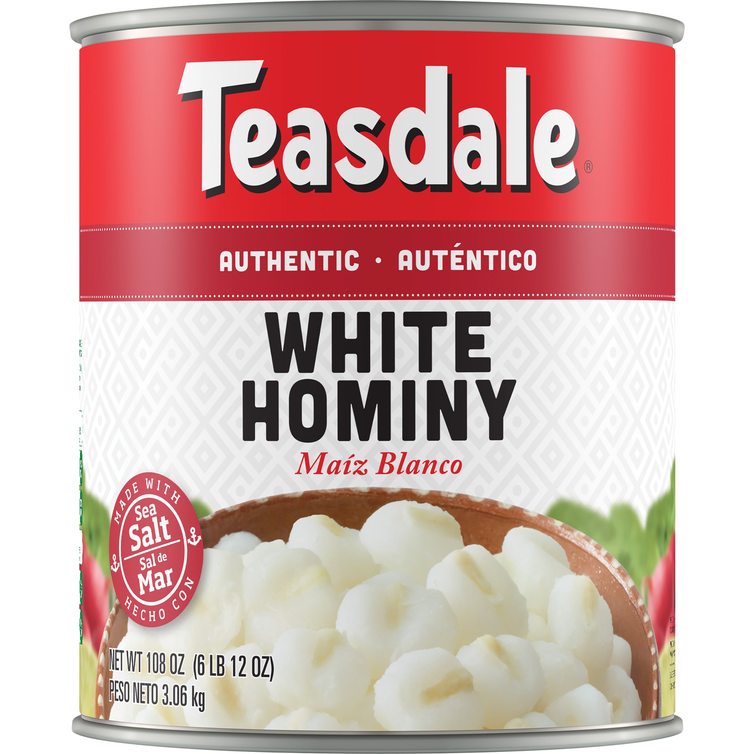 TEASDALE WHITE HOMINY #10 CAN 108 OUNCES