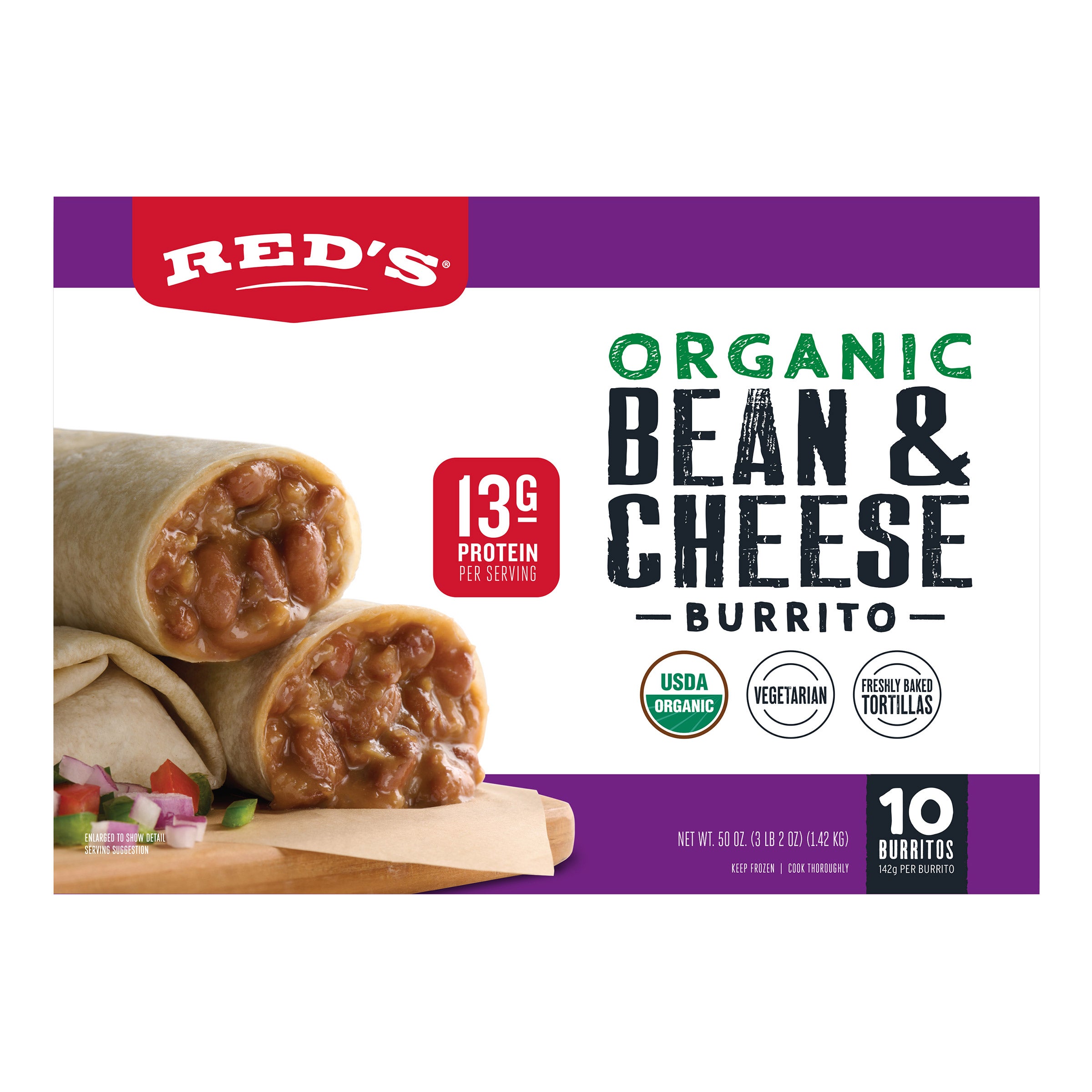 RED'S ORGANIC BEAN & CHEESE BURRITO 10 COUNT 50 OUNCES - Image 1