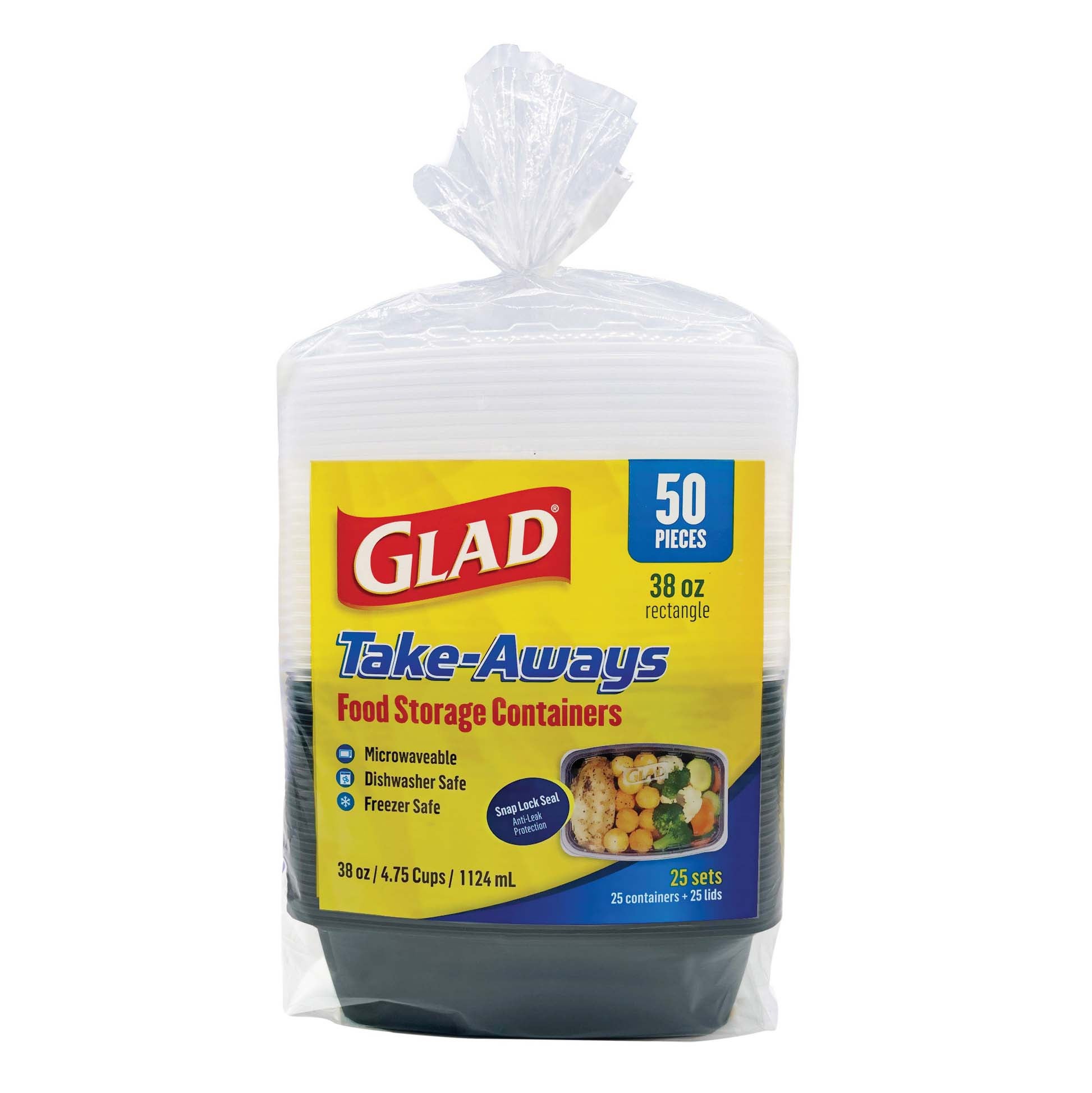 GLAD TAKE-AWAYS 38OZ STORAGE CONTAINER 25 CONTAINERS W/LIDS