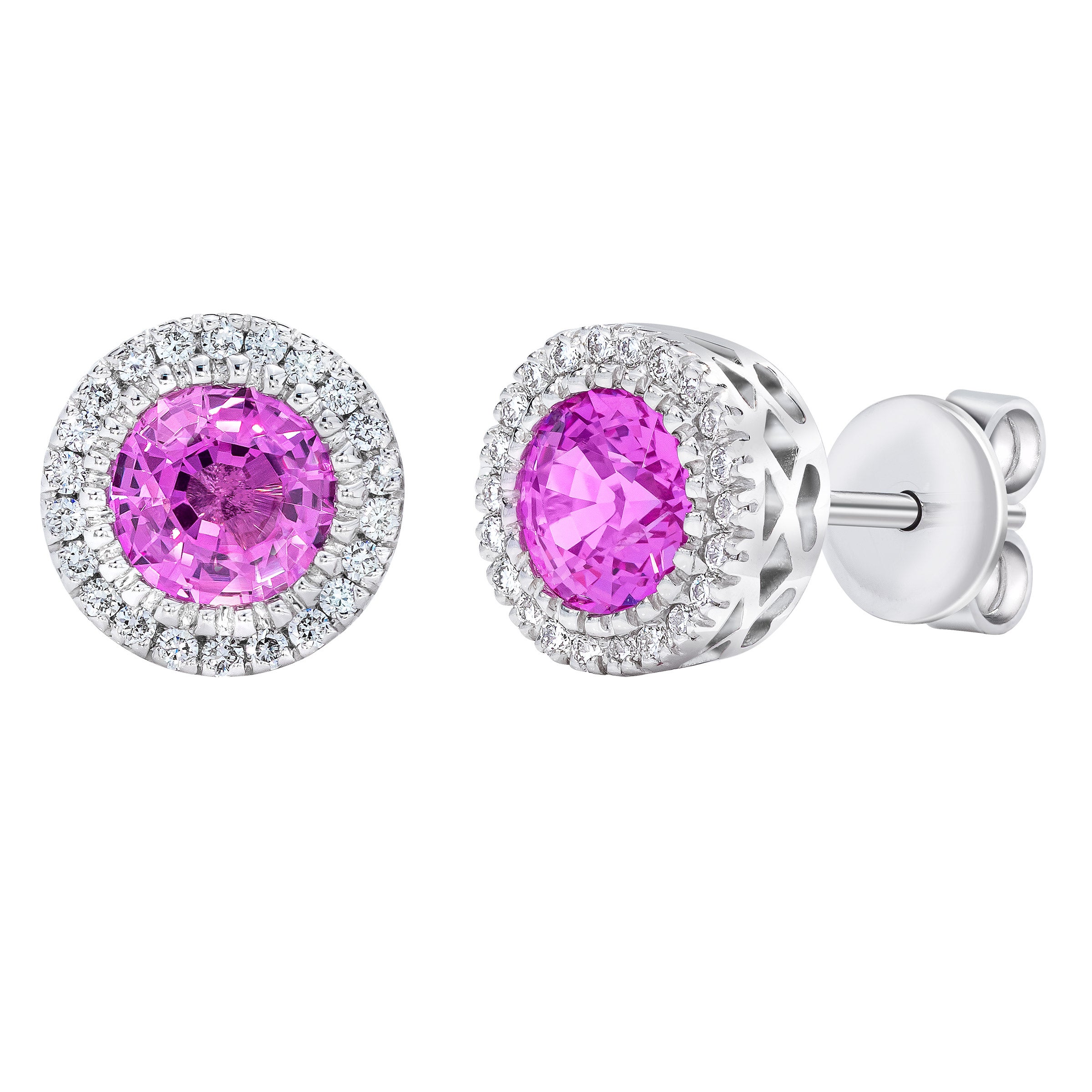 14KT WHITE GOLD .11CTW VS2 I DIAMOND & 5MM PINK SAPPHIRE EARRINGS