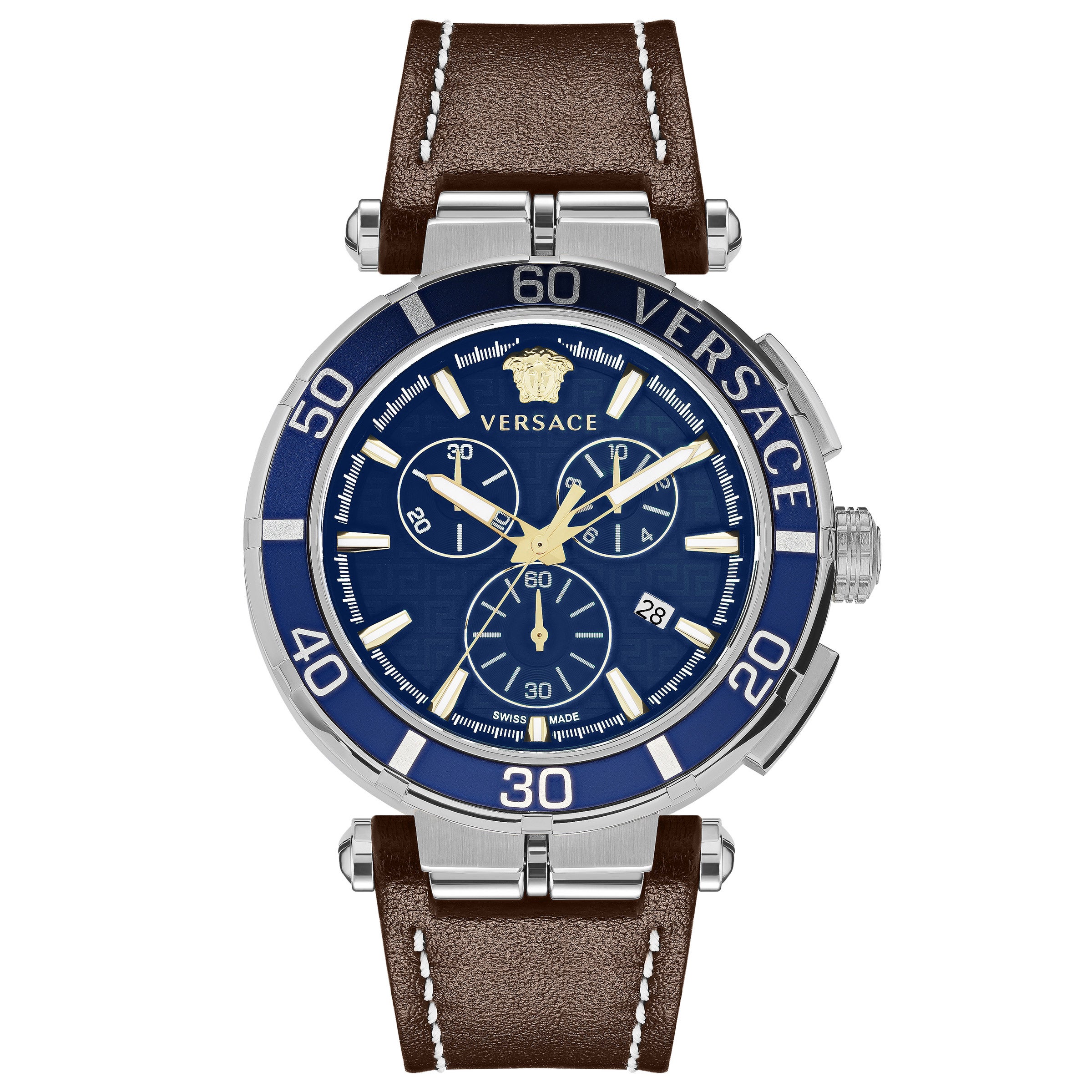 VERSACE GRECA CHRONO BROWN LEATHER QUARTZ MENS WATCH