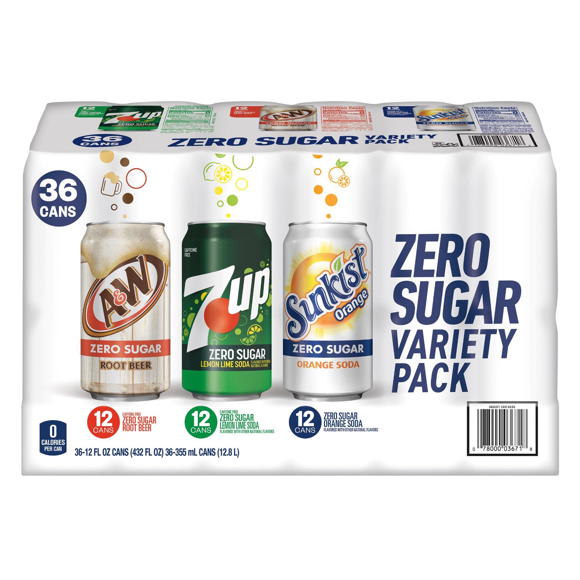 7UP, A&W & SUNKIST ZERO SUGAR VARIETY 36 CT / 12 OZ - Image 1