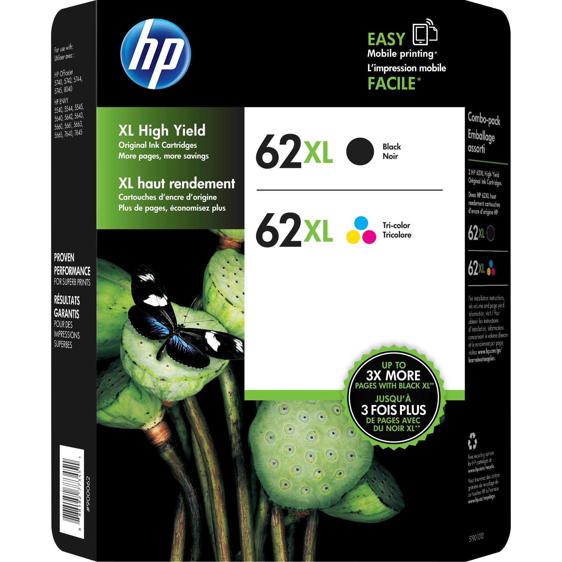 HP 62XL INK CARTRIDGE BLACK/COLOR COMBO 2PK