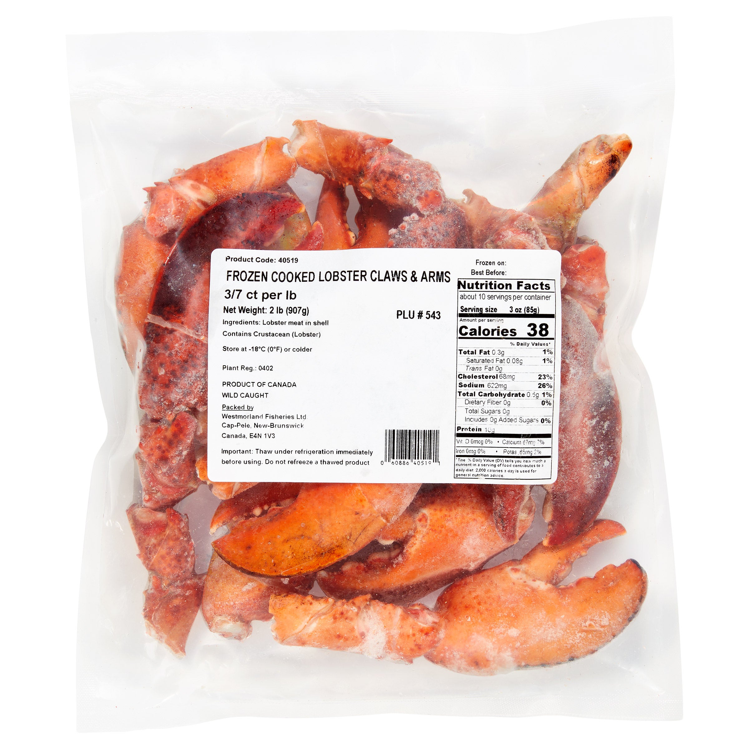 WILD COOKED COLD WATER LOBSTER CLAW AND ARM 2LB BAG