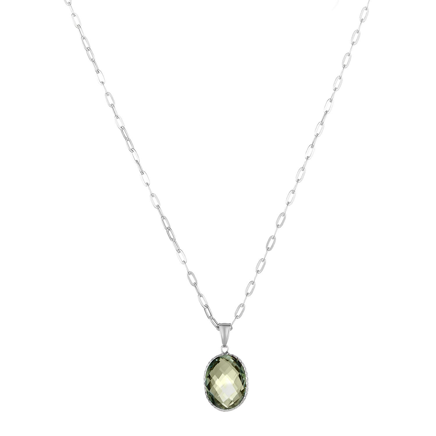 14KT WHITE GOLD OVAL 16 X 12MM GREEN QUARTZ NECKLACE - Image 1